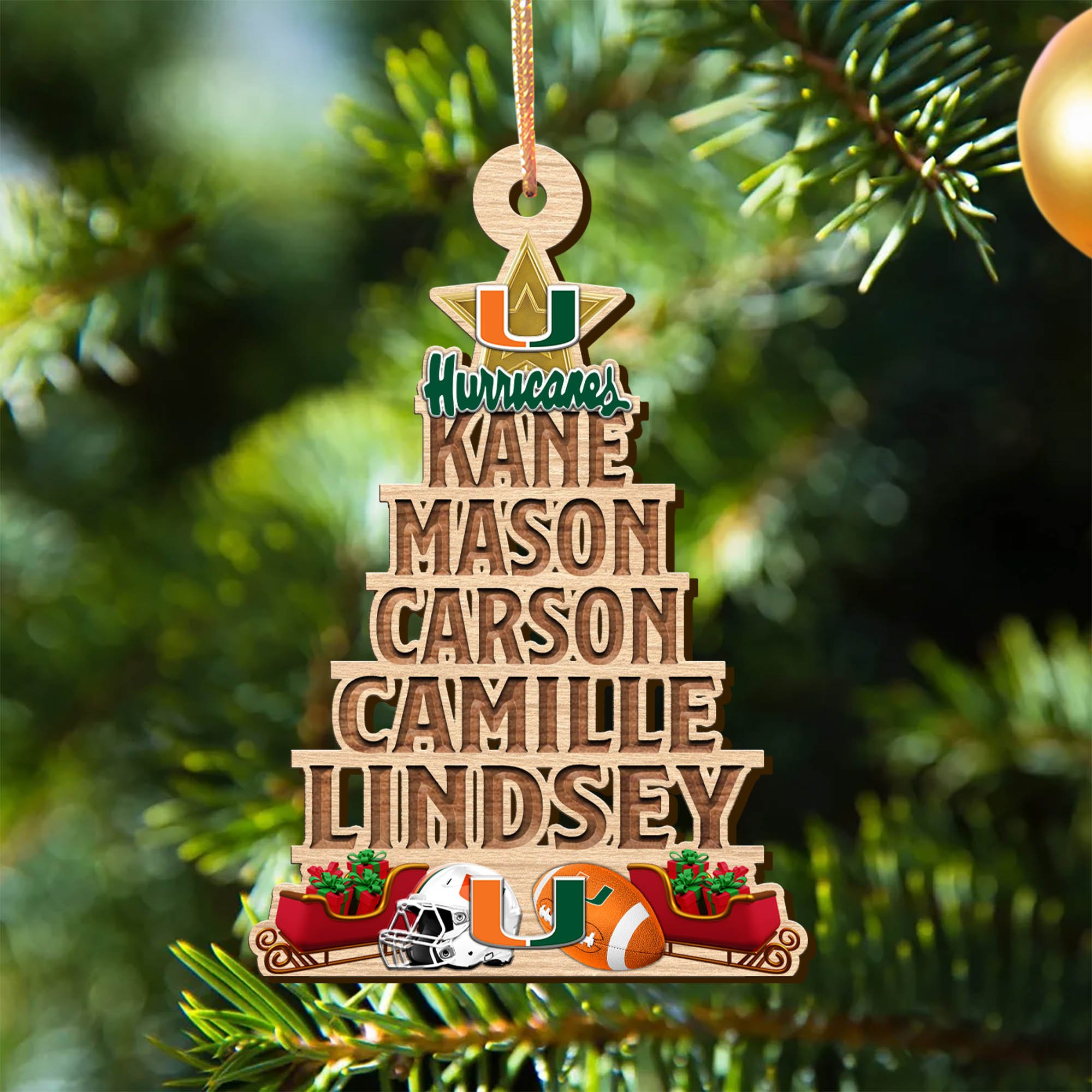 Miami Hurricanes Wooden Ornament 2024 Version Personalized Family Members Names, Christmas Tree Ornament, Christmas Gifts For Sport Lovers ETHY-51906