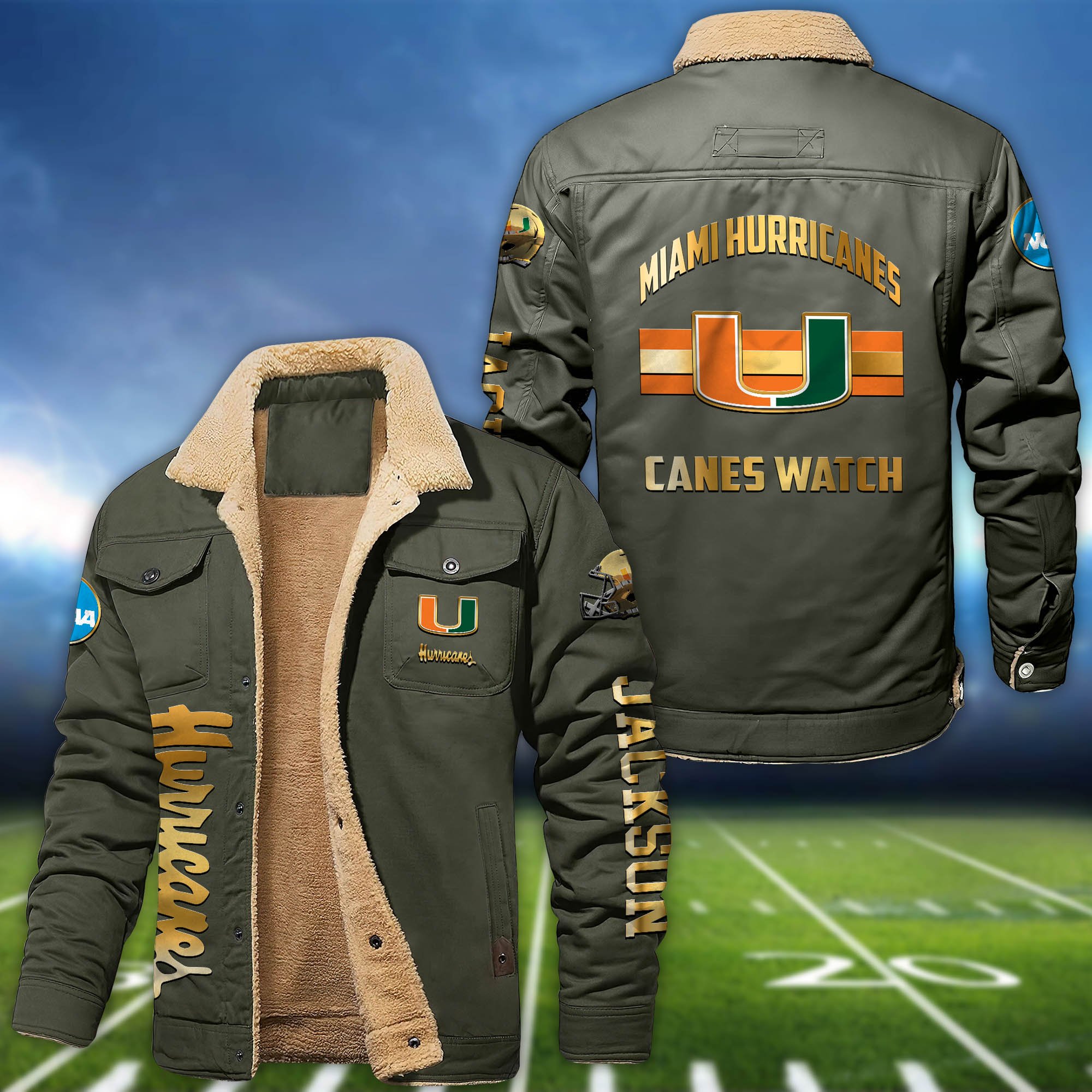 Alternative view of Miami Hurricanes 2D Fleece Bomber Jacket 2024 Version Personalized Your Name, Sport Jackets, Gifts For Sport Fans ETHY-62794
