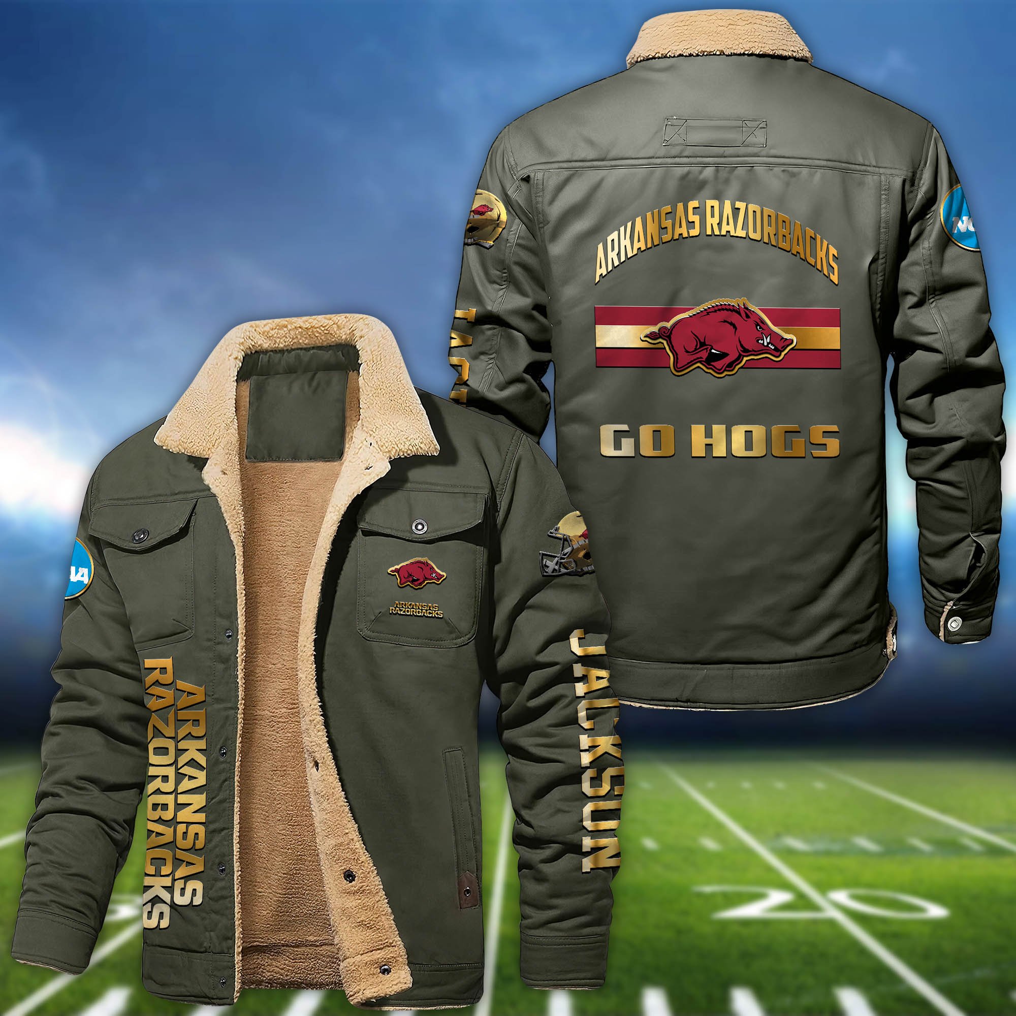 Alternative view of Arkansas Razorbacks 2D Fleece Bomber Jacket 2024 Version Personalized Your Name, Sport Jackets, Gifts For Sport Fans ETHY-62794