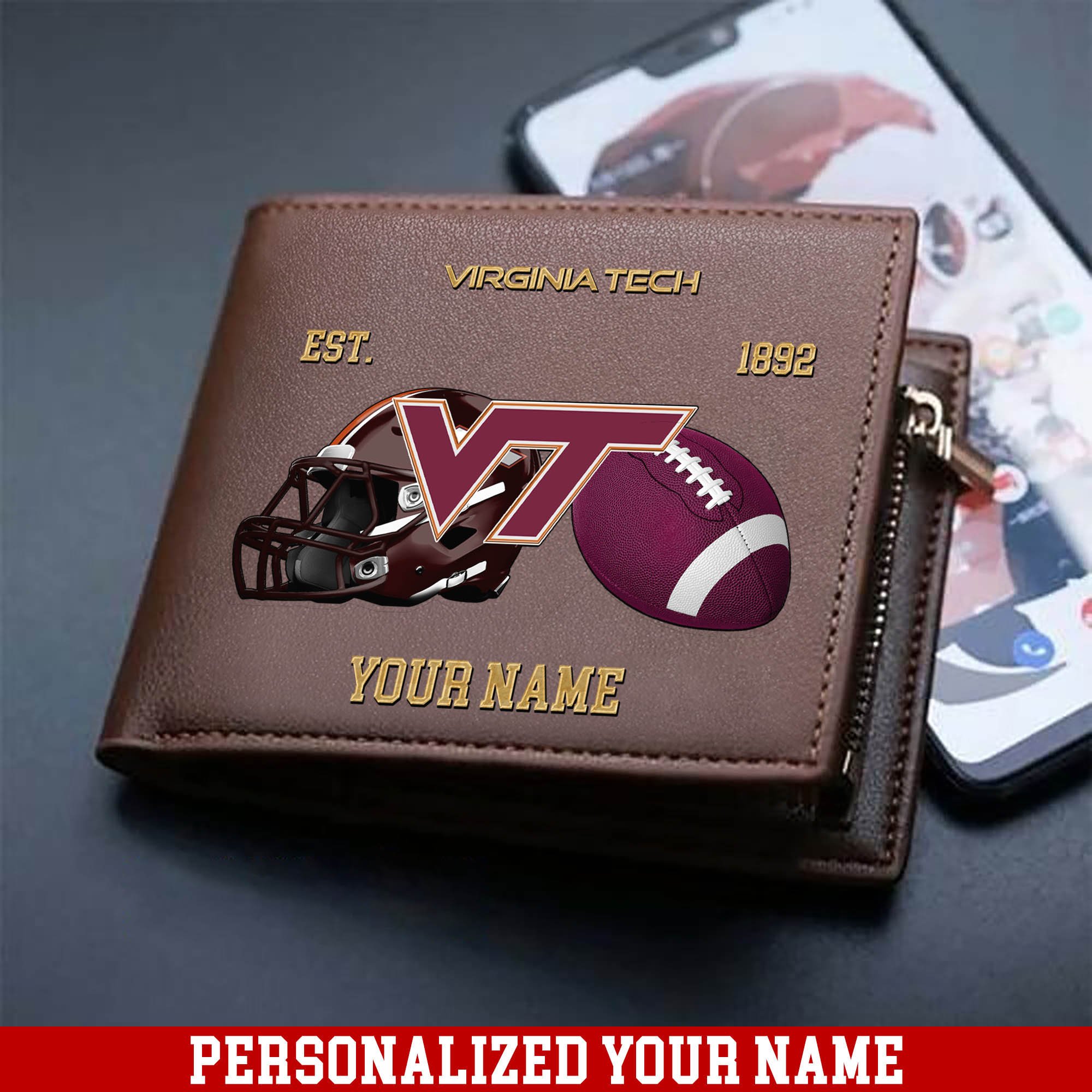Virginia Tech Hokies Men Wallet 2024 Version Personalized Your Name, Football Men Wallet For Fans, Gift For Football Lovers ETHY-54889