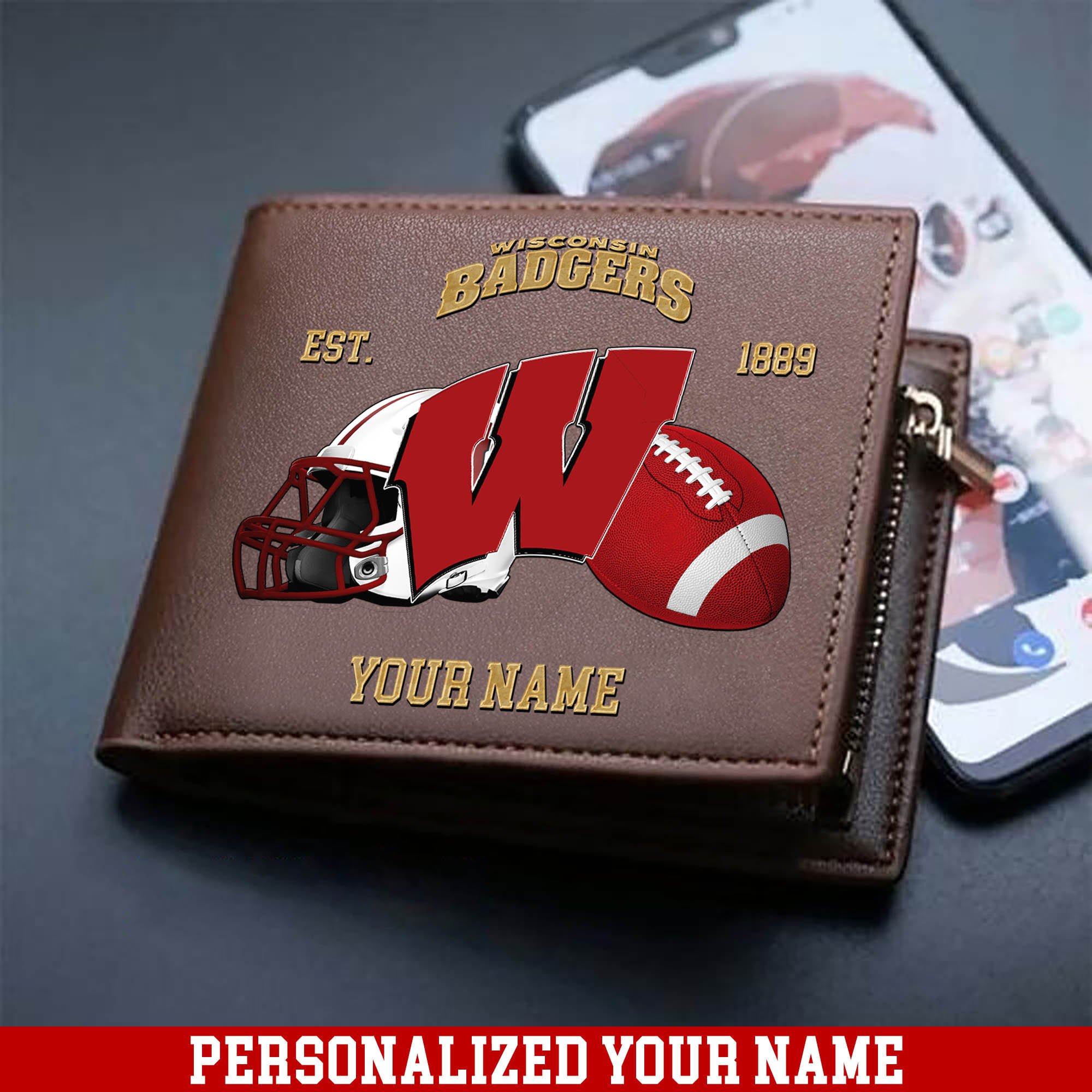 Wisconsin Badgers Men Wallet 2024 Version Personalized Your Name, Football Men Wallet For Fans, Gift For Football Lovers ETHY-54889