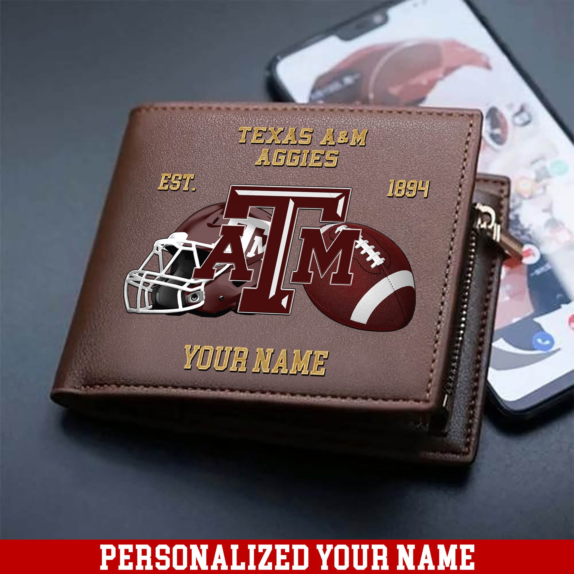 Texas A&M Aggies Men Wallet 2024 Version Personalized Your Name, Football Men Wallet For Fans, Gift For Football Lovers ETHY-54889