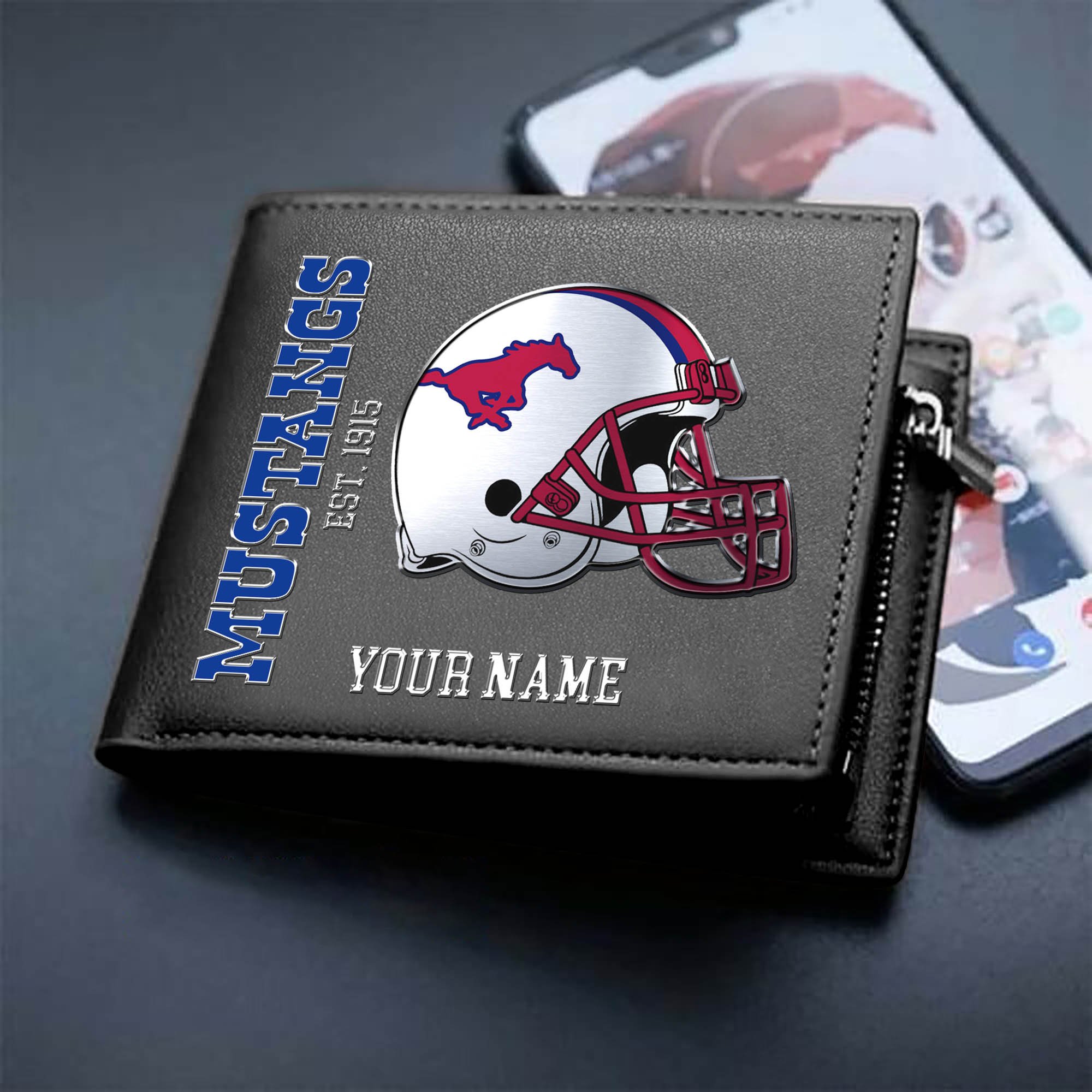 SMU Mustangs Team Men Wallet 2024 Version Personalized Your Name, Men Wallet For Football Lovers, Fan Gifts ETHY-54890