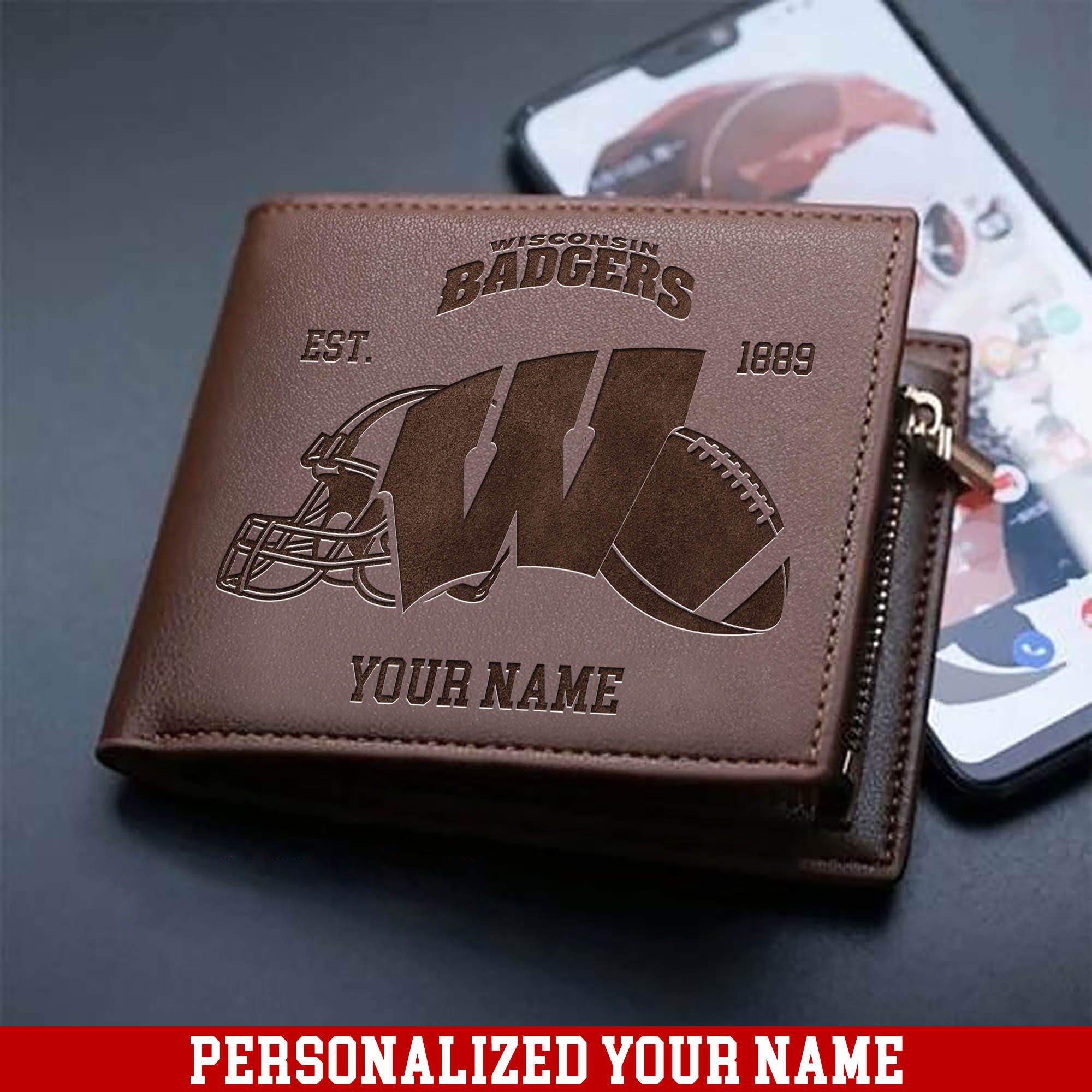 Wisconsin Badgers Men Wallet 2024 Version Personalized Your Name, Men Wallet For Football Fans, Gifts For Sport Lovers ETHY-54899