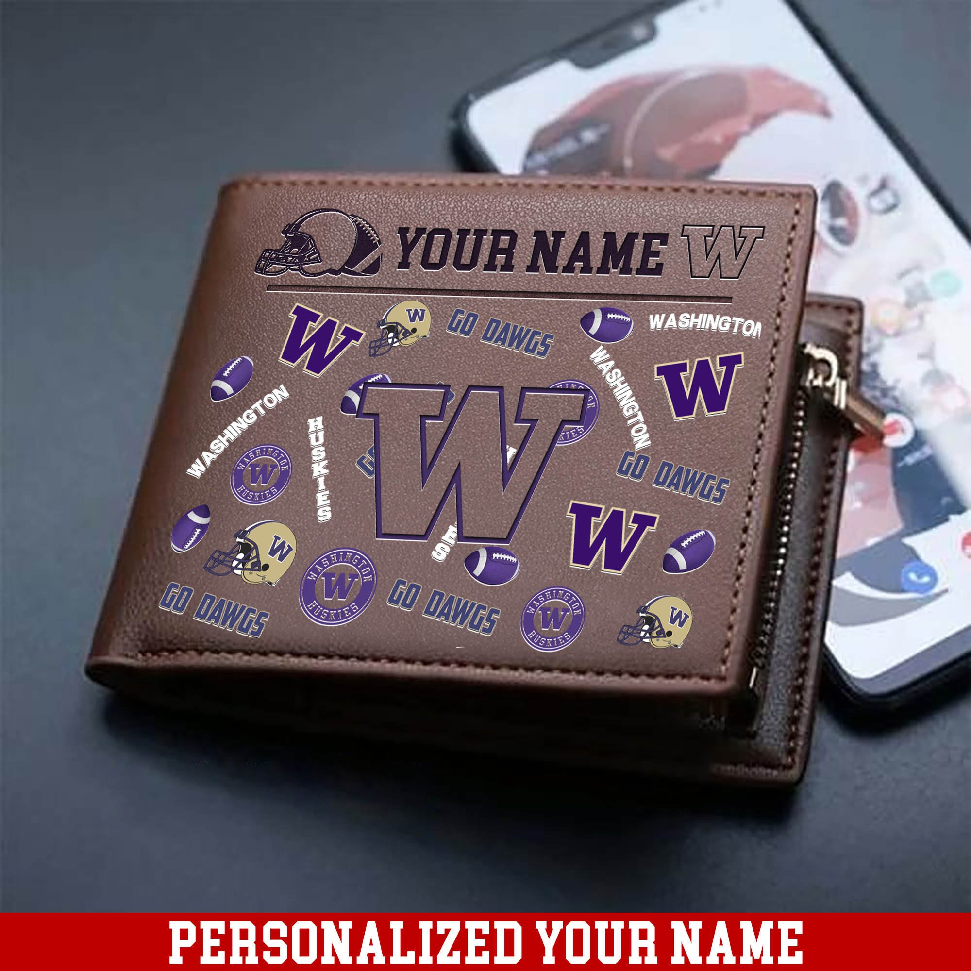 Washington Huskies Men Wallet 2024 Version Personalized Your Name, Sport Team Men Wallet, Gift For Sport Fans ETHY-54900