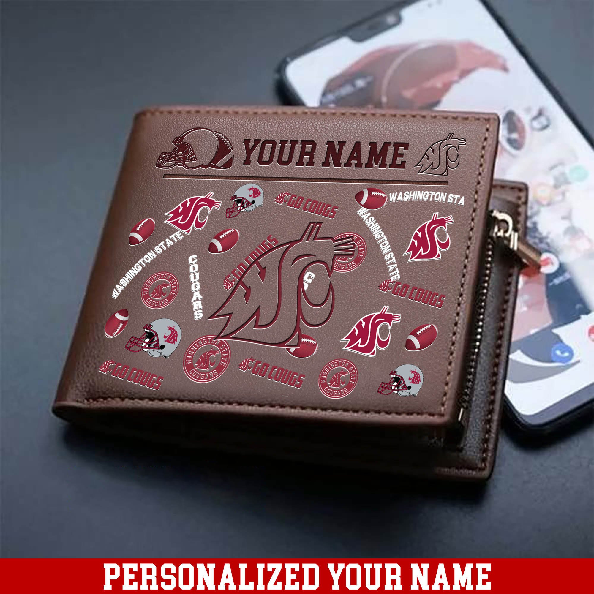 Washington State Cougars Men Wallet 2024 Version Personalized Your Name, Sport Team Men Wallet, Gift For Sport Fans ETHY-54900