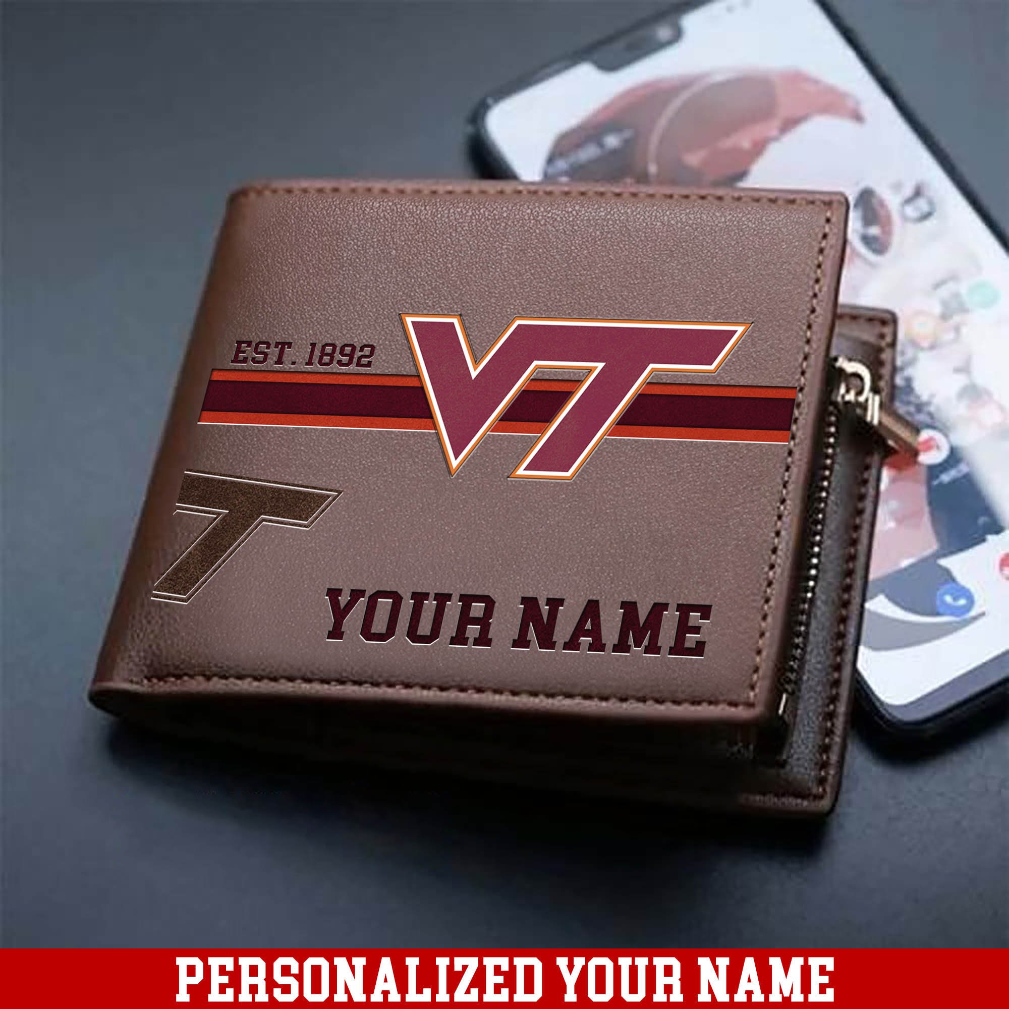 Virginia Tech Hokies Men Wallet 2024 Version Personalized Your Name, Football Wallet For Him, Football Fan Gifts ETHY-54904