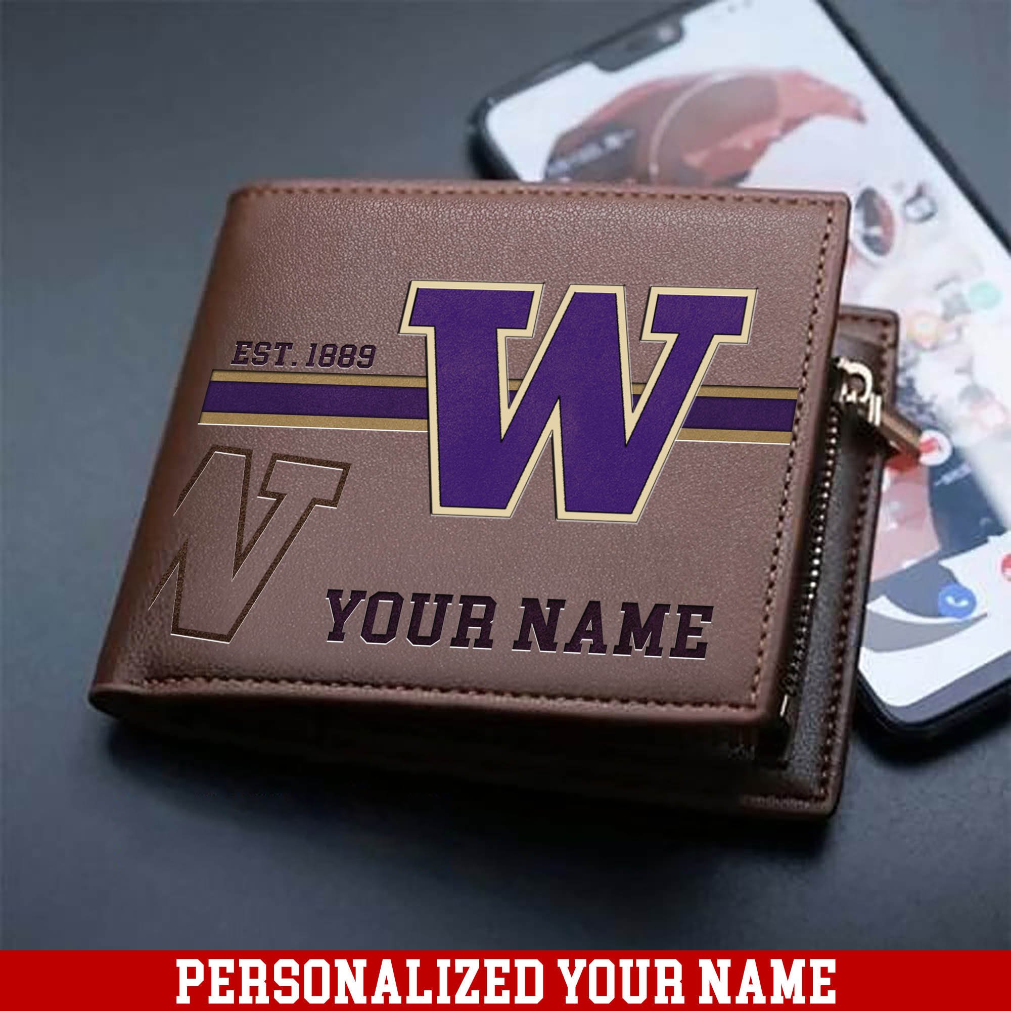 Washington Huskies Men Wallet 2024 Version Personalized Your Name, Football Wallet For Him, Football Fan Gifts ETHY-54904