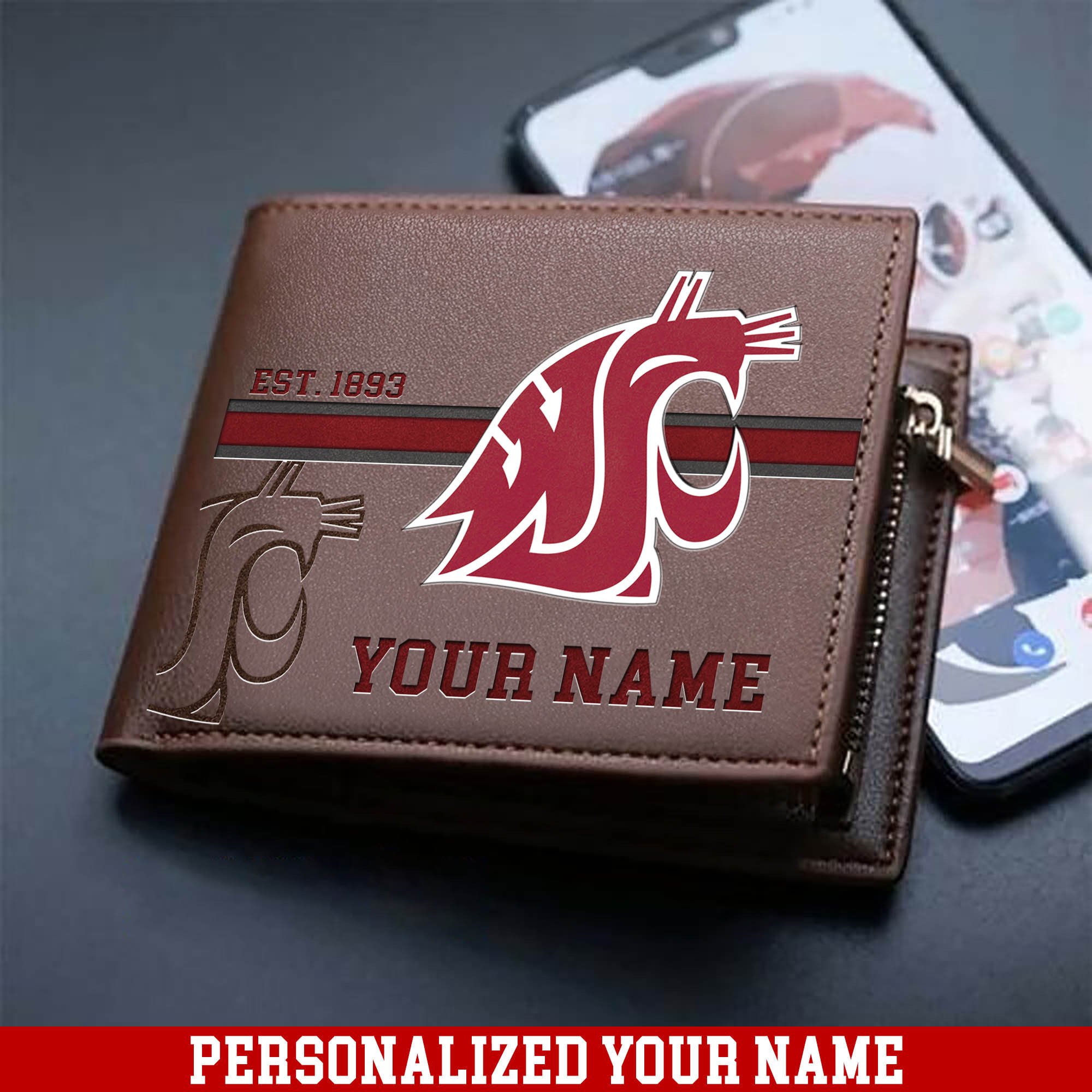 Washington State Cougars Men Wallet 2024 Version Personalized Your Name, Football Wallet For Him, Football Fan Gifts ETHY-54904