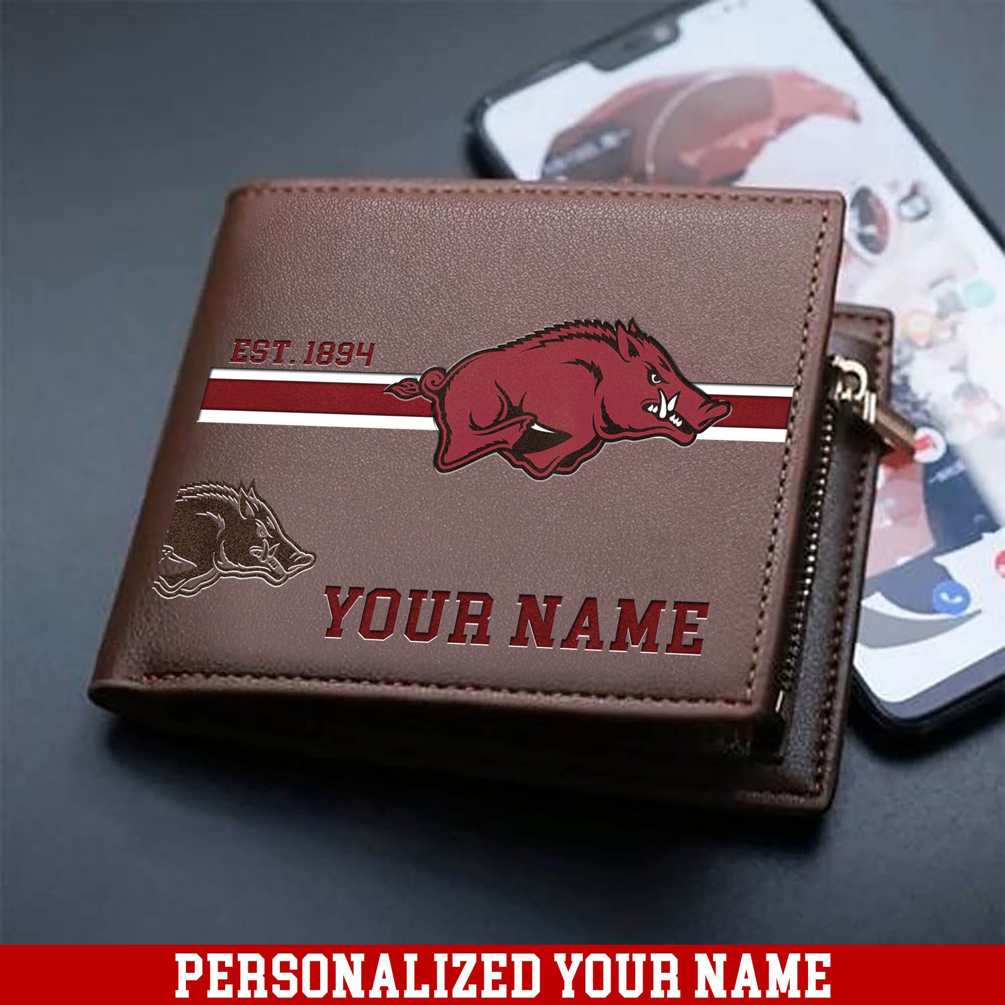 Arkansas Razorbacks Men Wallet 2024 Version Personalized Your Name, Football Wallet For Him, Football Fan Gifts ETHY-54904