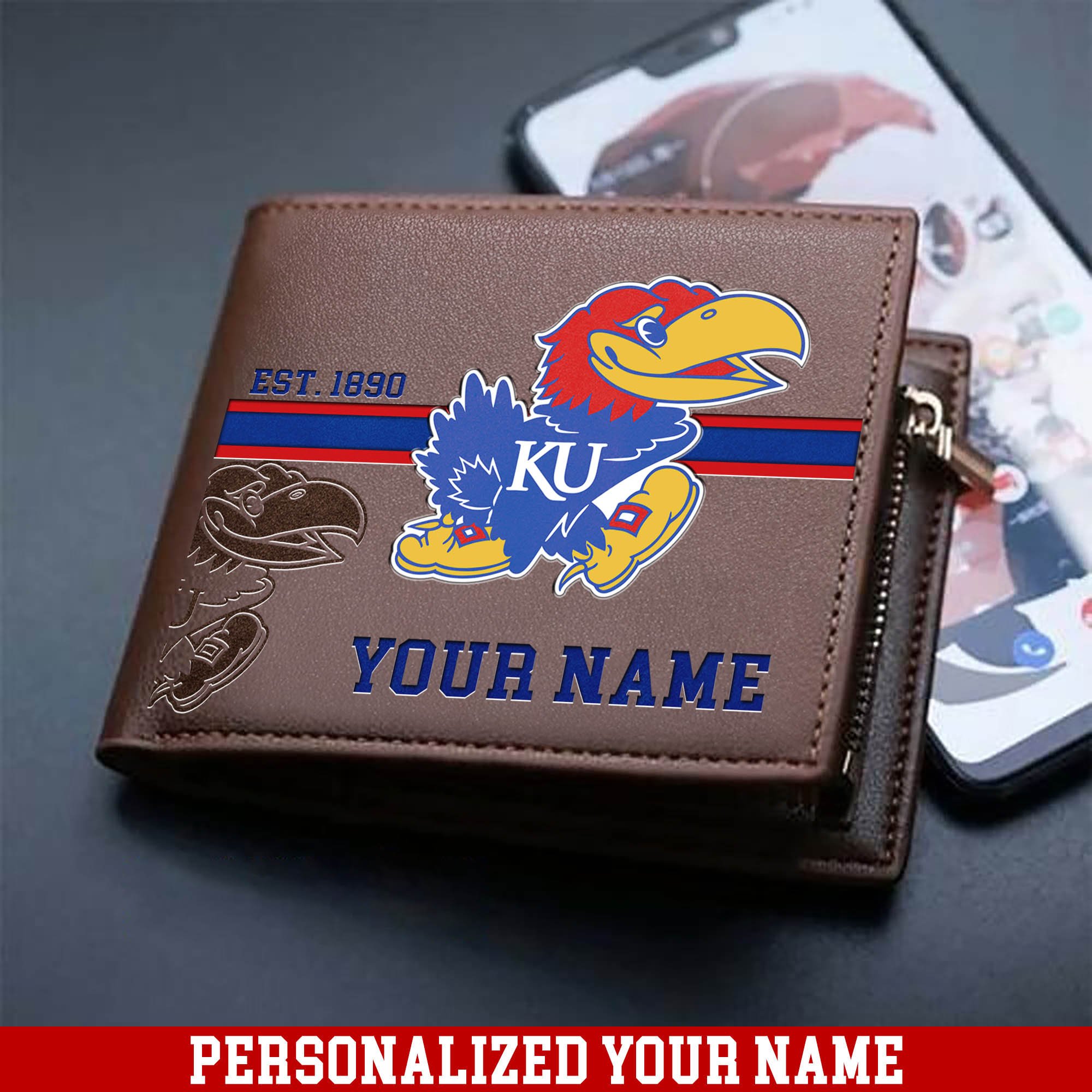 Kansas Jayhawks Men Wallet 2024 Version Personalized Your Name, Football Wallet For Him, Football Fan Gifts ETHY-54904