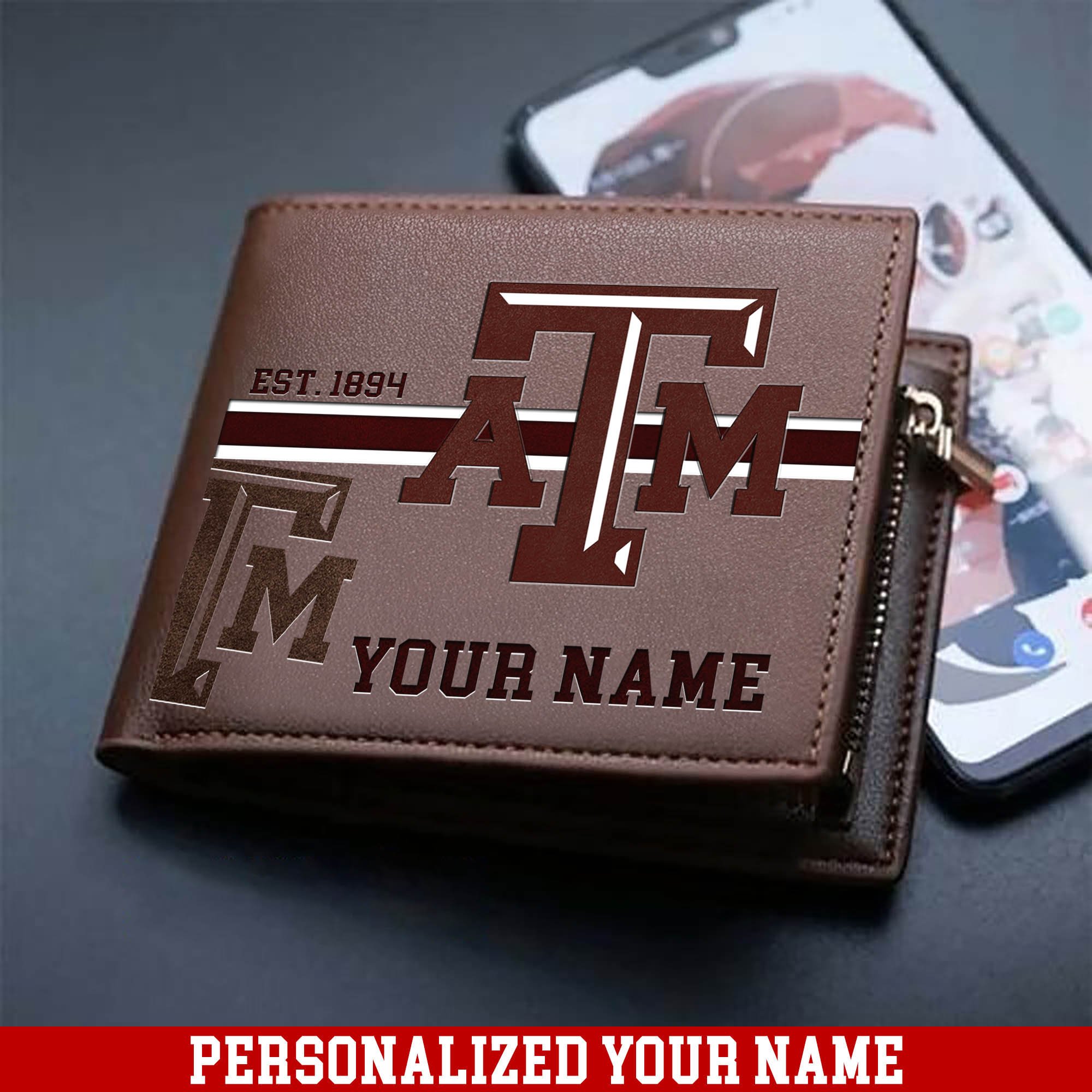 Texas A&M Aggies Men Wallet 2024 Version Personalized Your Name, Football Wallet For Him, Football Fan Gifts ETHY-54904