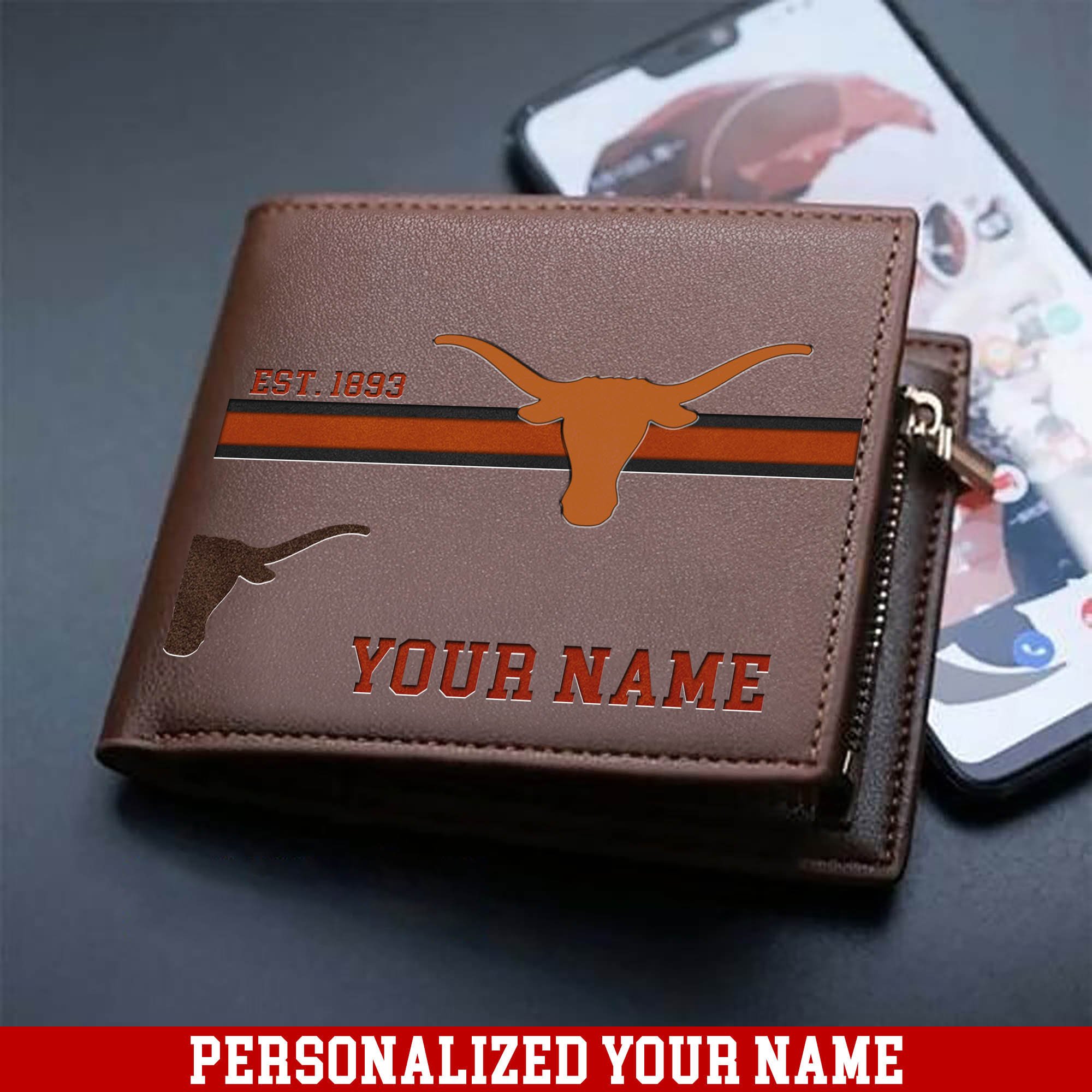 Texas Longhorns Men Wallet 2024 Version Personalized Your Name, Football Wallet For Him, Football Fan Gifts ETHY-54904