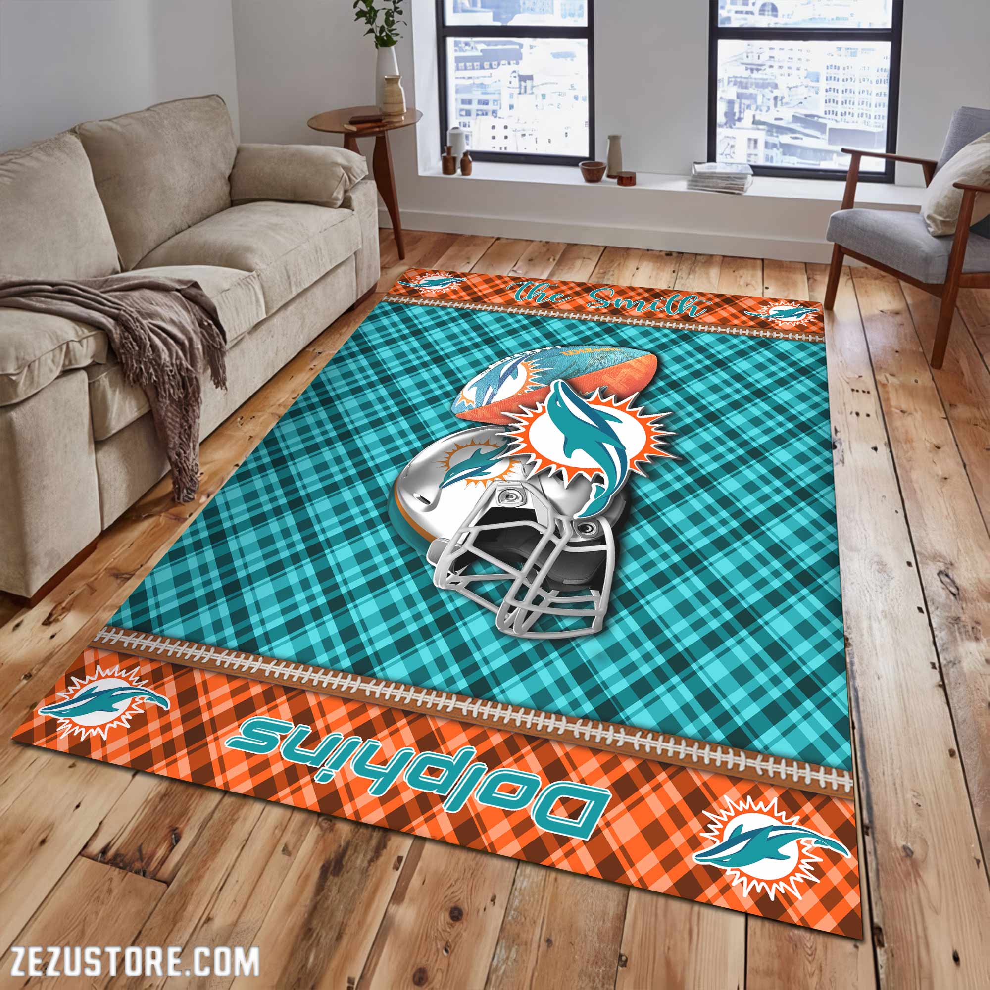 Miami Dolphins Living Room Rug Custom Your Name, Football Team Living Room Rug 2024 Versions, FootBall Fan Gifts EHIVM-53670