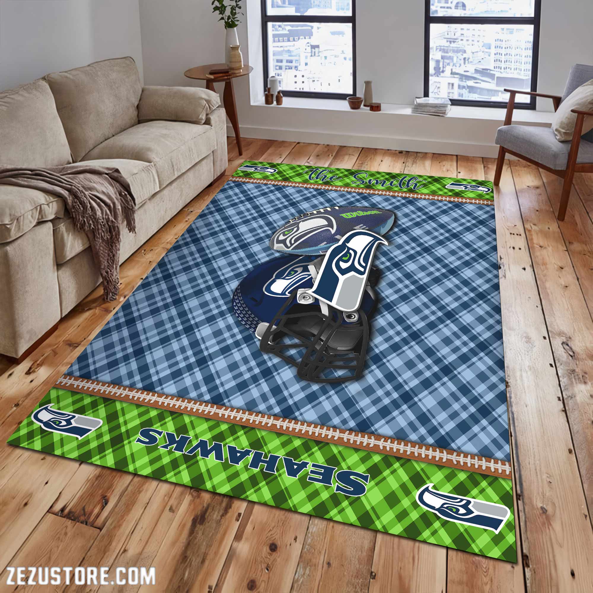 Seattle Seahawks Living Room Rug Custom Your Name, Football Team Living Room Rug 2024 Versions, FootBall Fan Gifts EHIVM-53670
