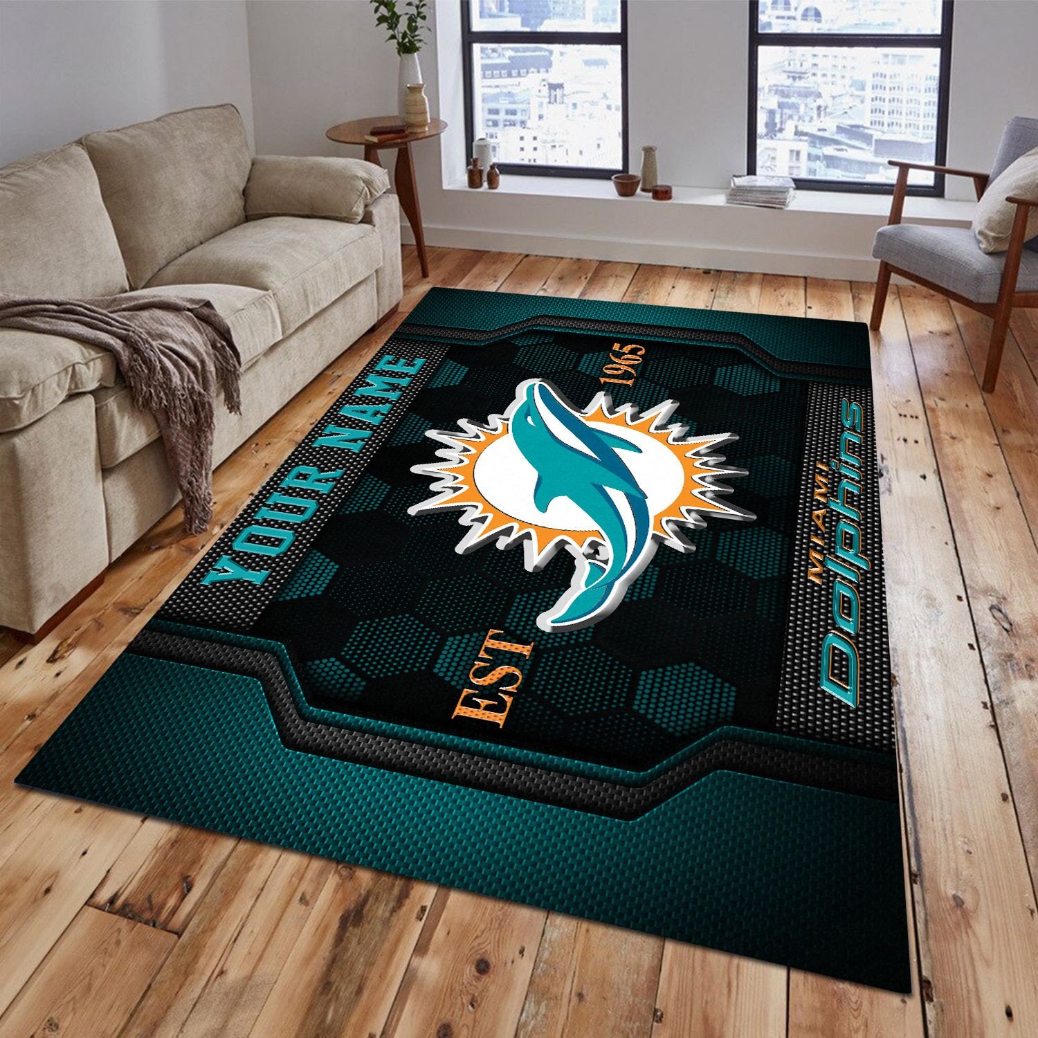 Miami Dolphins Rectangle Rug Custom Your Family Name  2024 Versions, Football Team Rug, Football Fan Gifts, Home Decorations EHIVM-62268