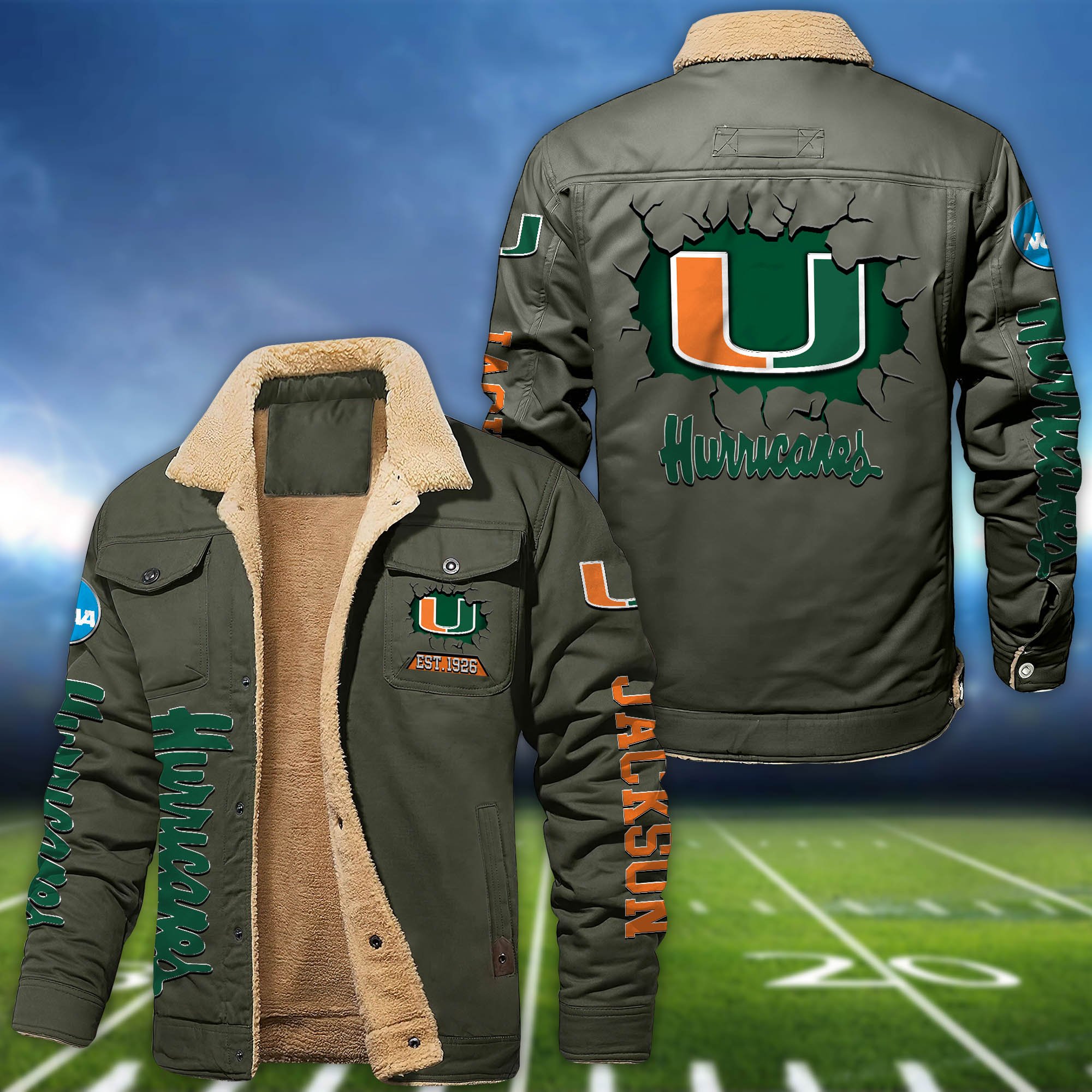 Alternative view of Miami Hurricanes Fleece Bomber Jacket 2024 Version Personalized Your Name, Sport Jacket For Fan ETHY-62916