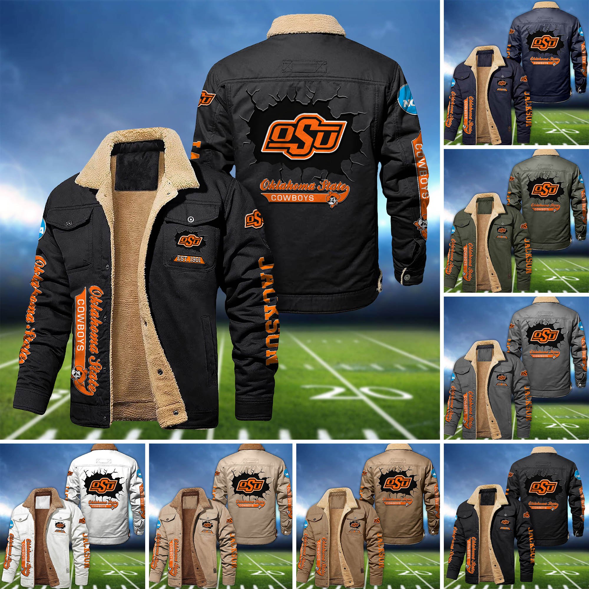 Oklahoma State Cowboys Fleece Bomber Jacket 2024 Version Personalized Your Name, Sport Jacket For Fan ETHY-62916
