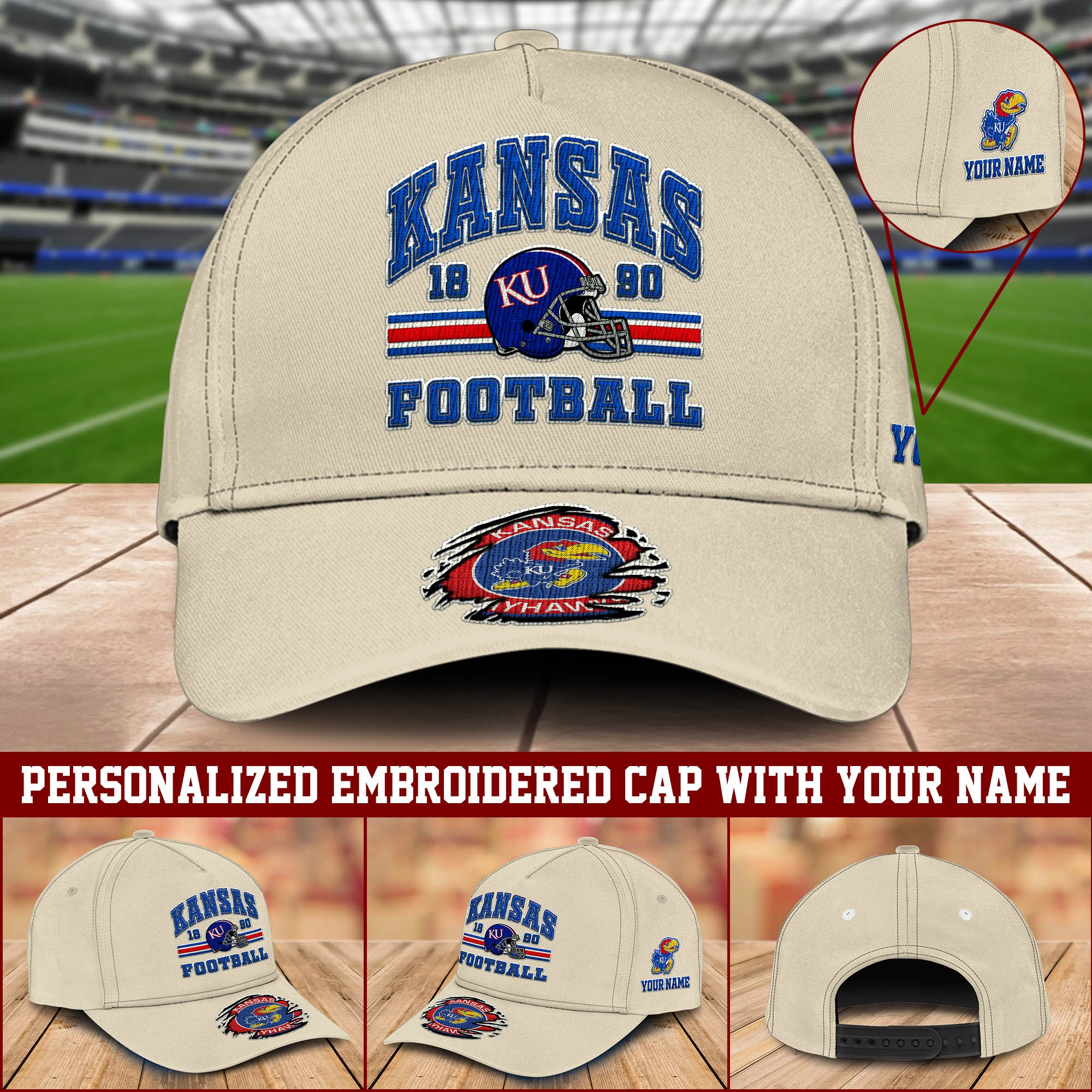 Kansas Jayhawks Embroidered Cap 2024 Version Custom Your Name, Football Team Cap, Gifts For Football Lovers ETHY-60202