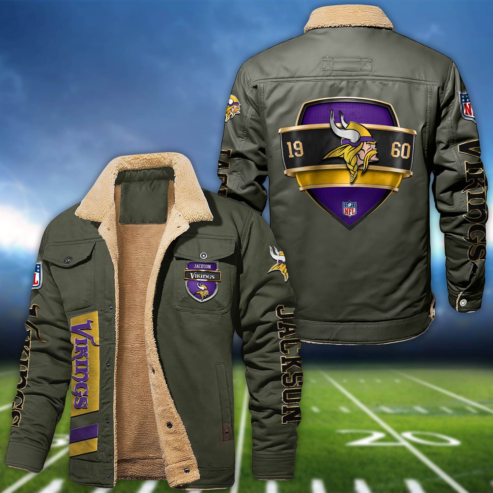Alternative view of Minnesota Vikings  Fleece Bomber Jacket 2024 Version Personalized Your Name, Jacket For Sport Fan ETHY-62938