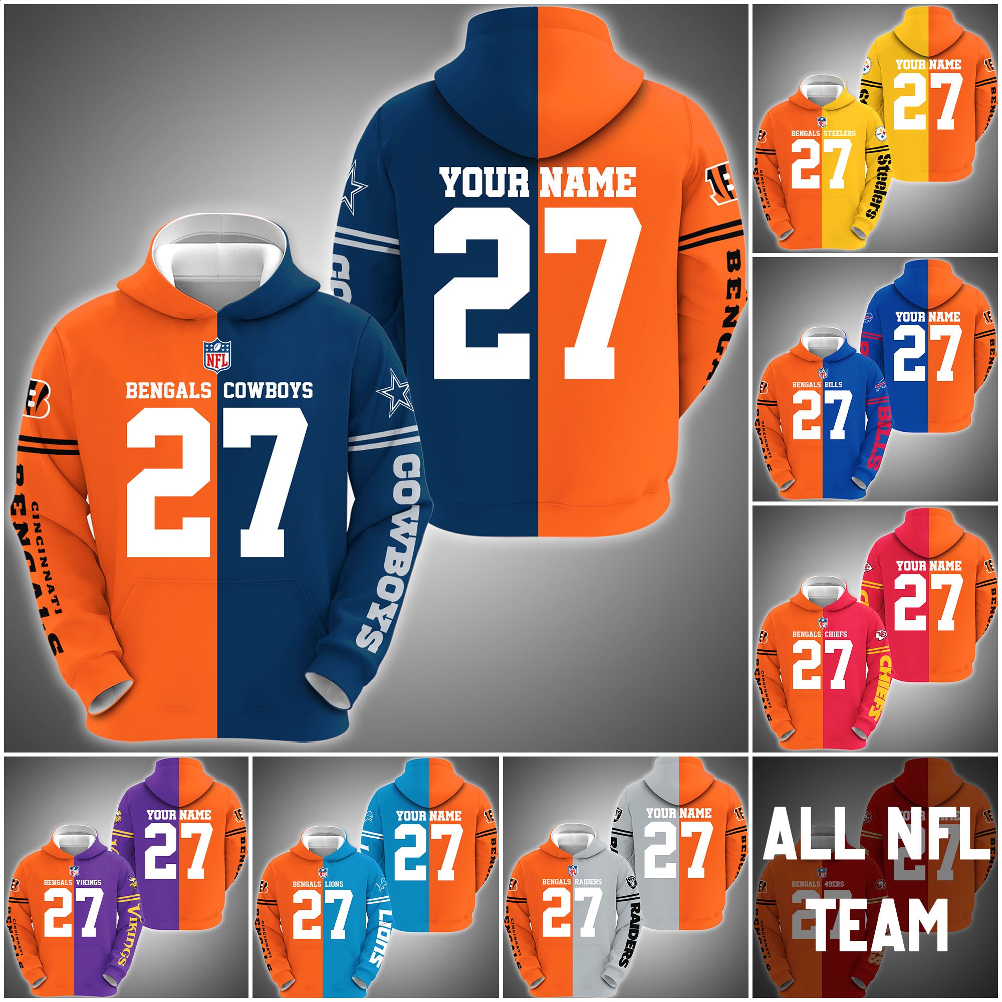 Cincinnati Bengals House Divided Hoodie Custom Name, Number And Any Team, Sport Shirts, Fan Gifts ETRG-62669