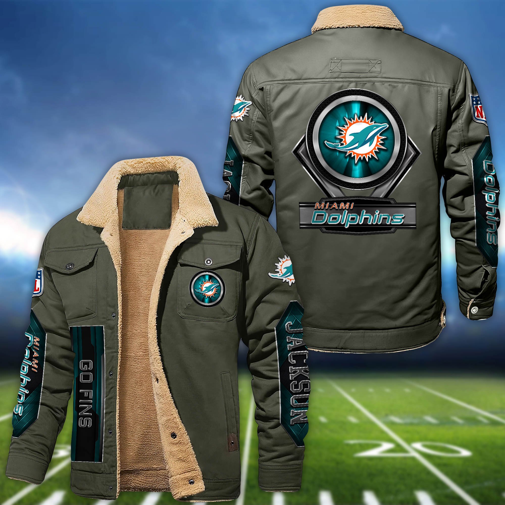 Alternative view of Miami Dolphins Fleece Bomber Jacket 2024 Version Custom Name, Sport Team Jacket For Fans ETHY-63069