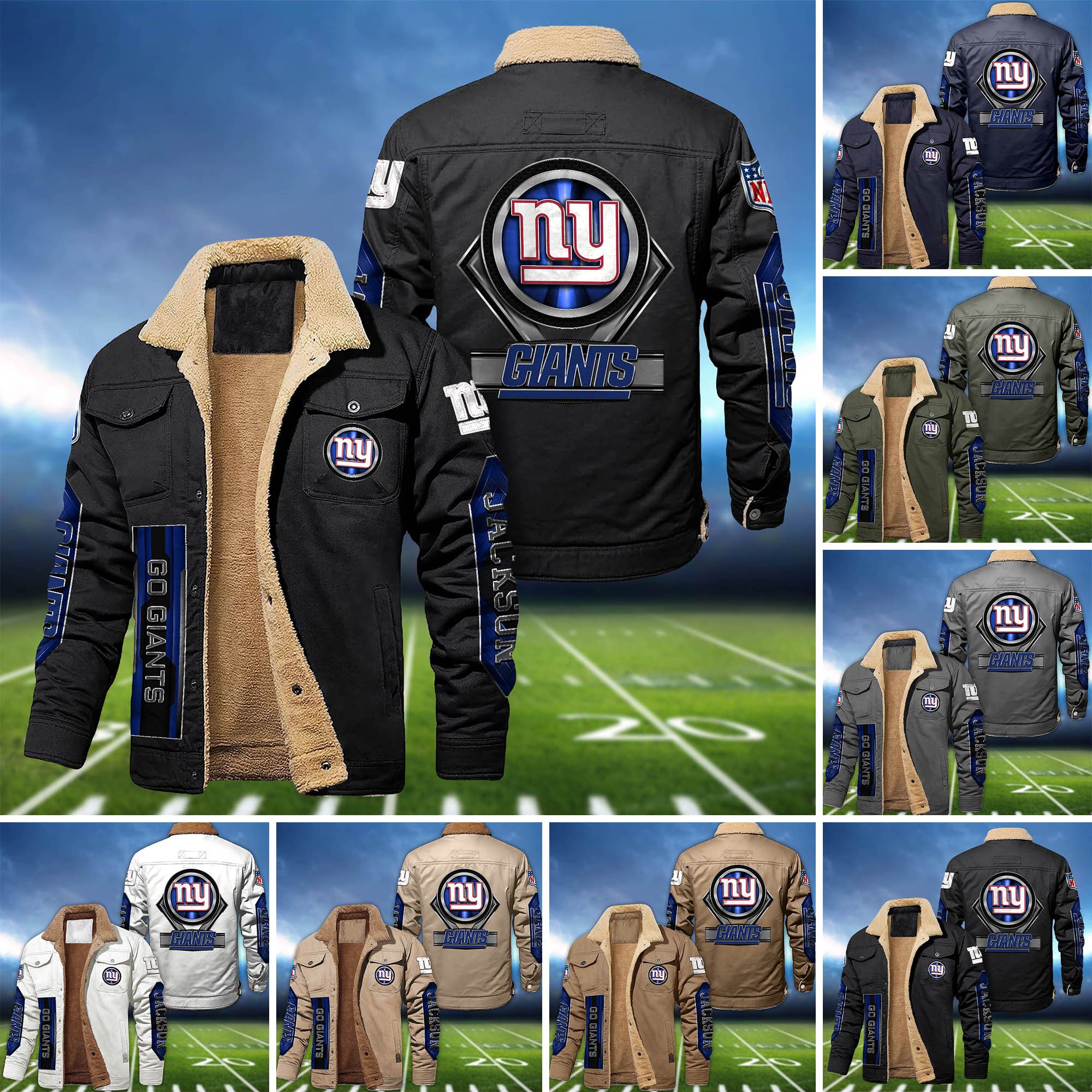 New York Giants Fleece Bomber Jacket 2024 Version Custom Name, Sport Team Jacket For Fans ETHY-63069