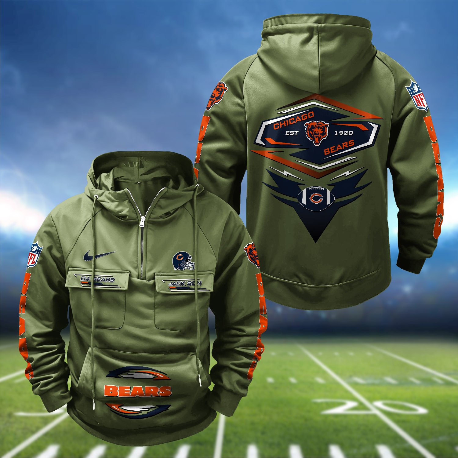 Alternative view of Chicago Bears Vintage Men Hoodie 2024 Version Personalized Your Name, Sport Hoodie For Fans ETHY-122151
