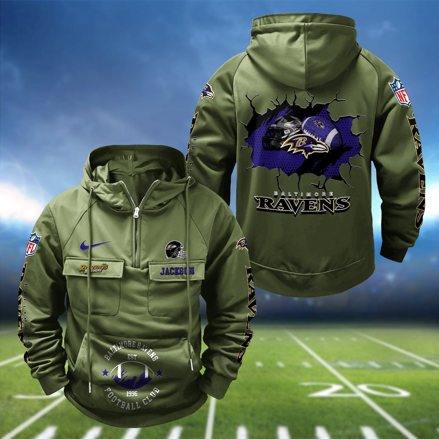 Alternative view of Baltimore Ravens Vintage Men Hoodie 2024 Version Personalized Your Name, Hoodie For Sport Fans ETHY-1224111