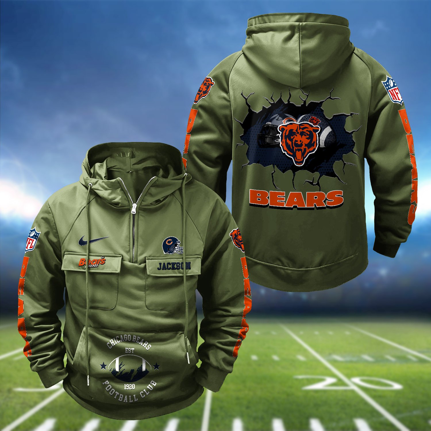 Alternative view of Chicago Bears Vintage Men Hoodie 2024 Version Personalized Your Name, Hoodie For Sport Fans ETHY-1224111