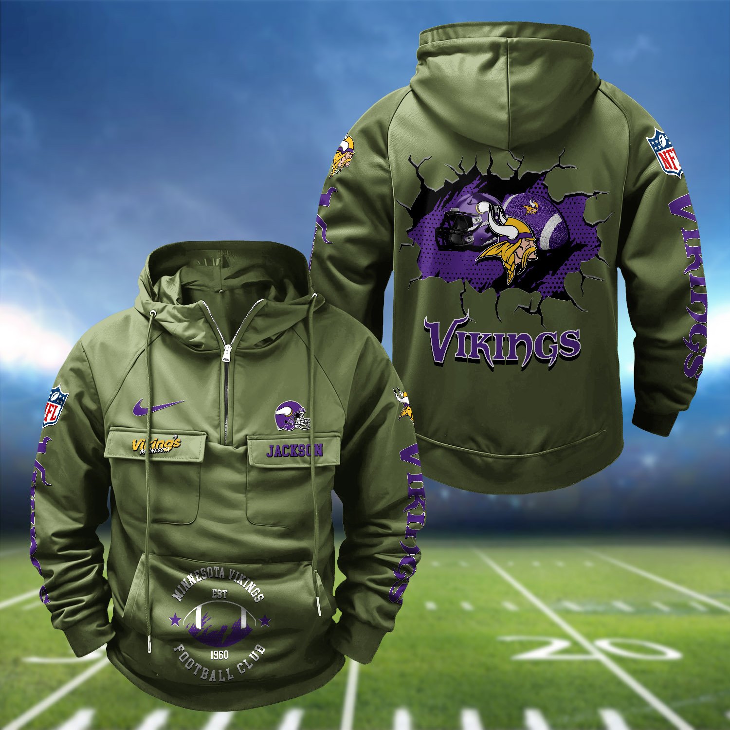 Alternative view of Minnesota Vikings Vintage Men Hoodie 2024 Version Personalized Your Name, Hoodie For Sport Fans ETHY-1224111