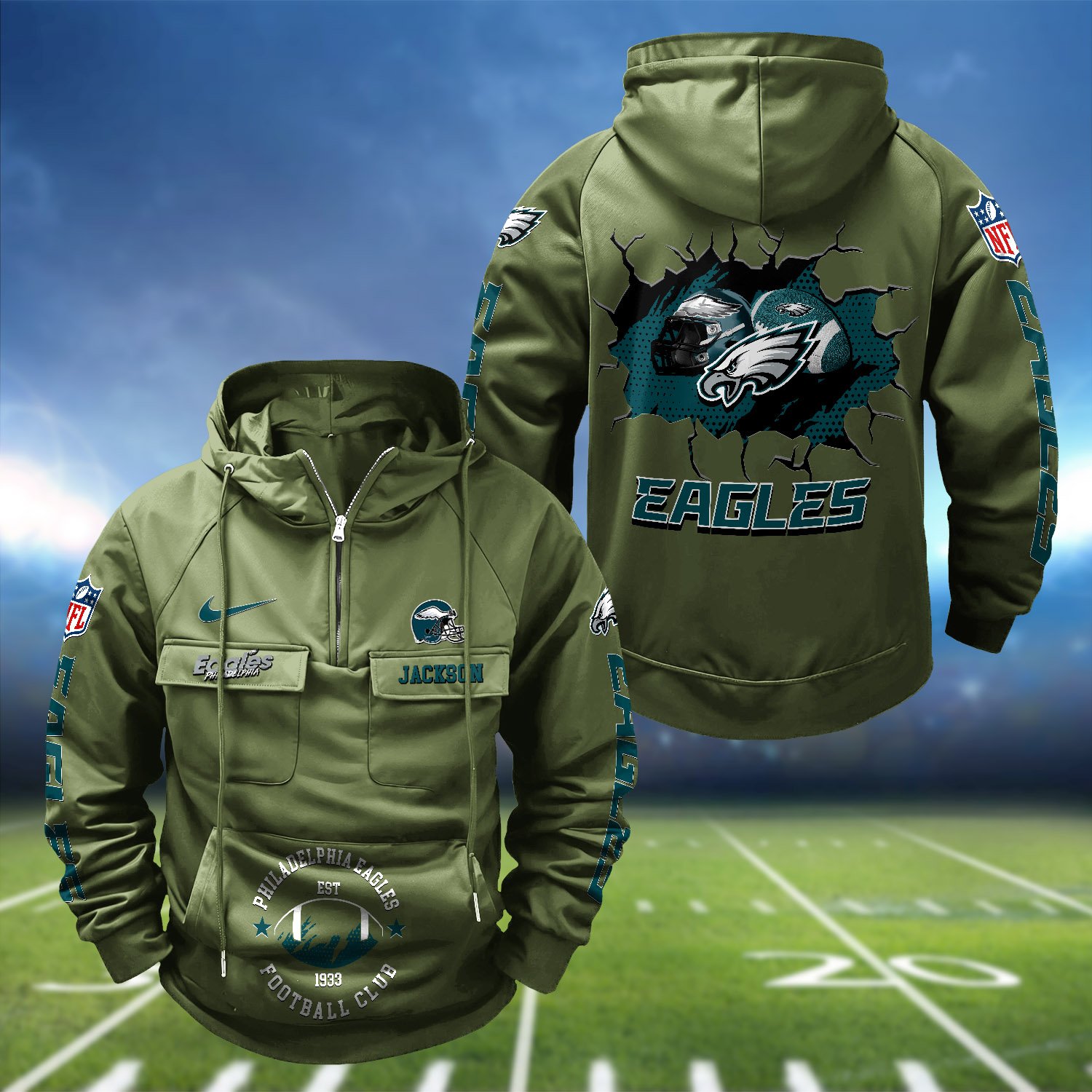 Alternative view of Philadelphia Eagles Vintage Men Hoodie 2024 Version Personalized Your Name, Hoodie For Sport Fans ETHY-1224111