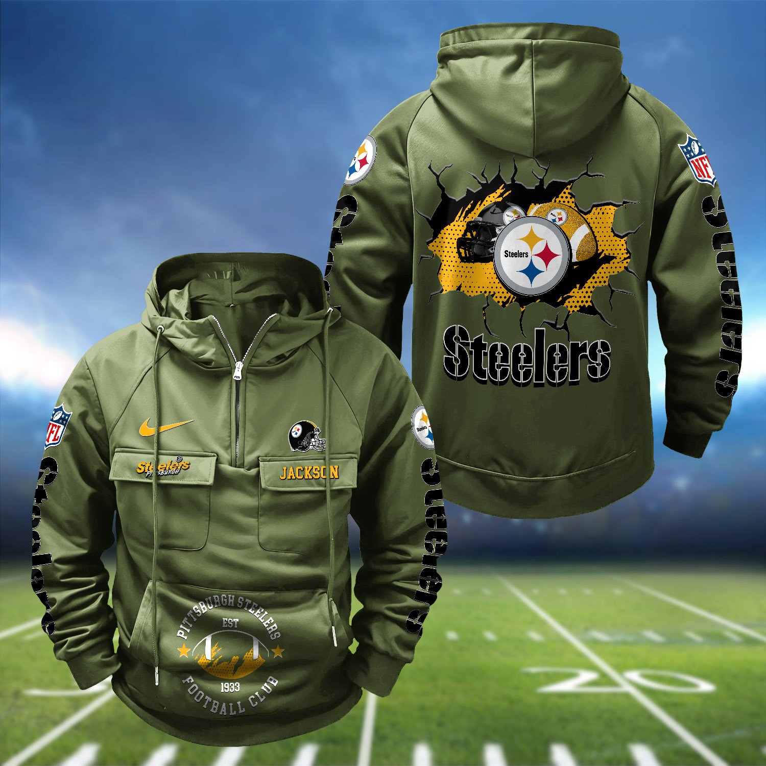 Alternative view of Pittsburgh Steelers Vintage Men Hoodie 2024 Version Personalized Your Name, Hoodie For Sport Fans ETHY-1224111