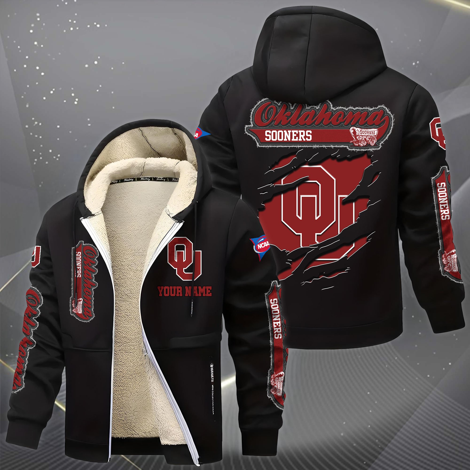 Alternative view of Oklahoma Sooners Hoodie Zip Velvet Coat Custom Your Name, Sport Jacket, Gifts For Fan EHIVM-0102255