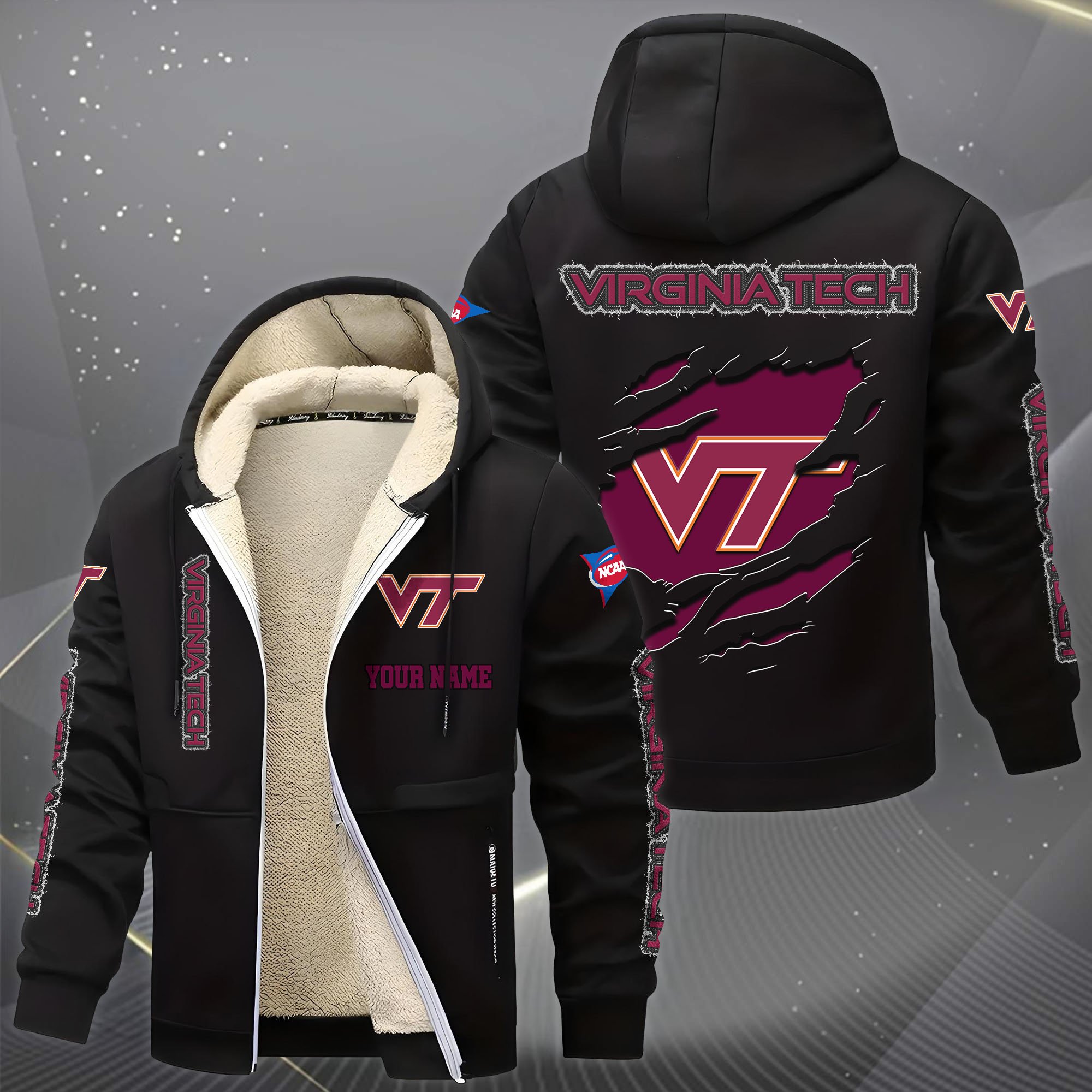 Alternative view of Virginia Tech Hokies Hoodie Zip Velvet Coat Custom Your Name, Sport Jacket, Gifts For Fan EHIVM-0102255