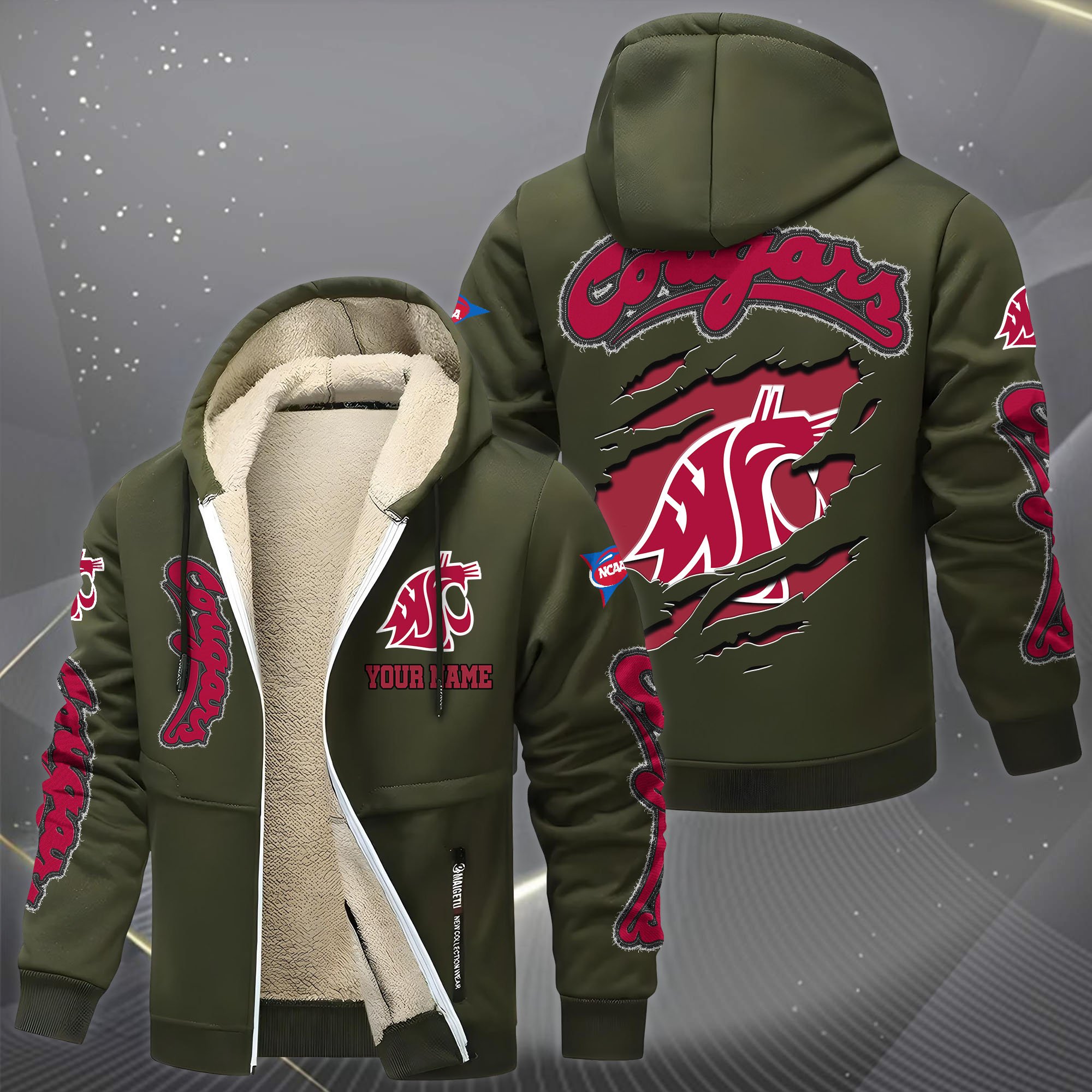 Washington State Cougars Hoodie Zip Velvet Coat Custom Your Name, Sport Jacket, Gifts For Fan EHIVM-0102255