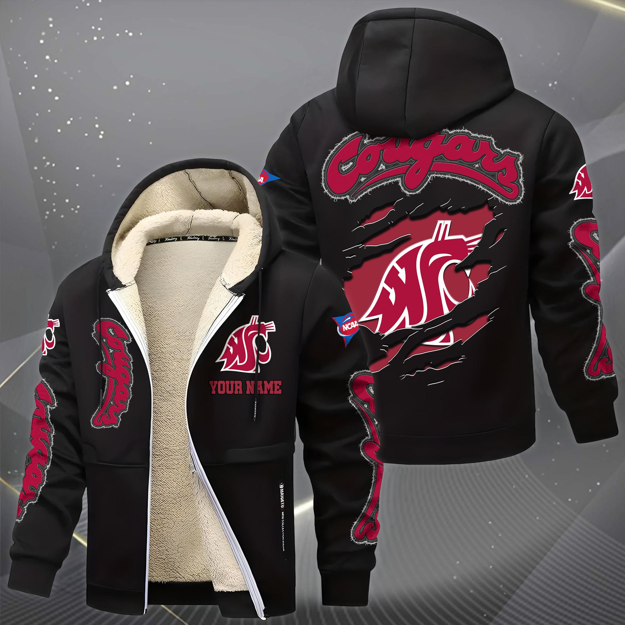 Alternative view of Washington State Cougars Hoodie Zip Velvet Coat Custom Your Name, Sport Jacket, Gifts For Fan EHIVM-0102255