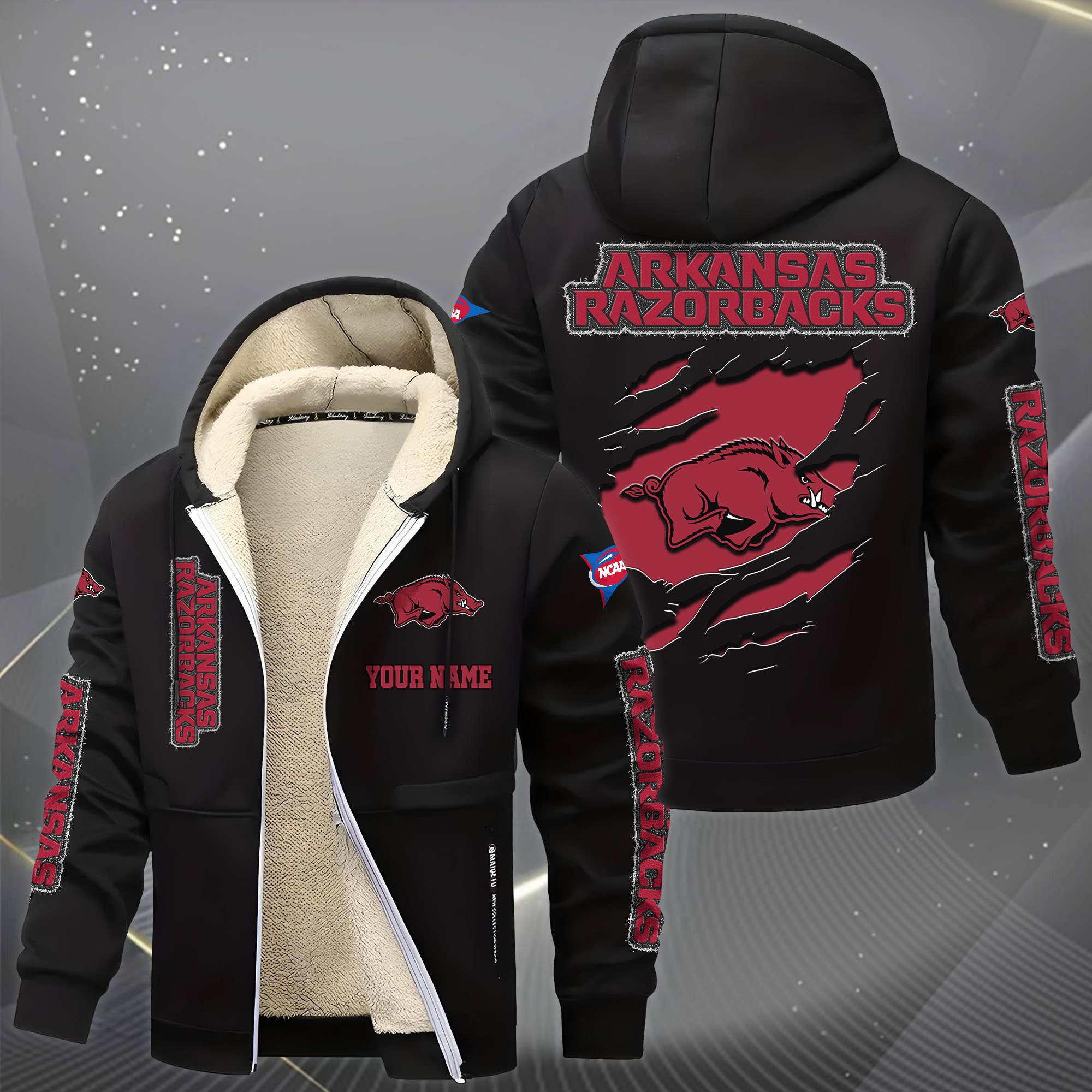 Alternative view of Arkansas Razorbacks Hoodie Zip Velvet Coat Custom Your Name, Sport Jacket, Gifts For Fan EHIVM-0102255