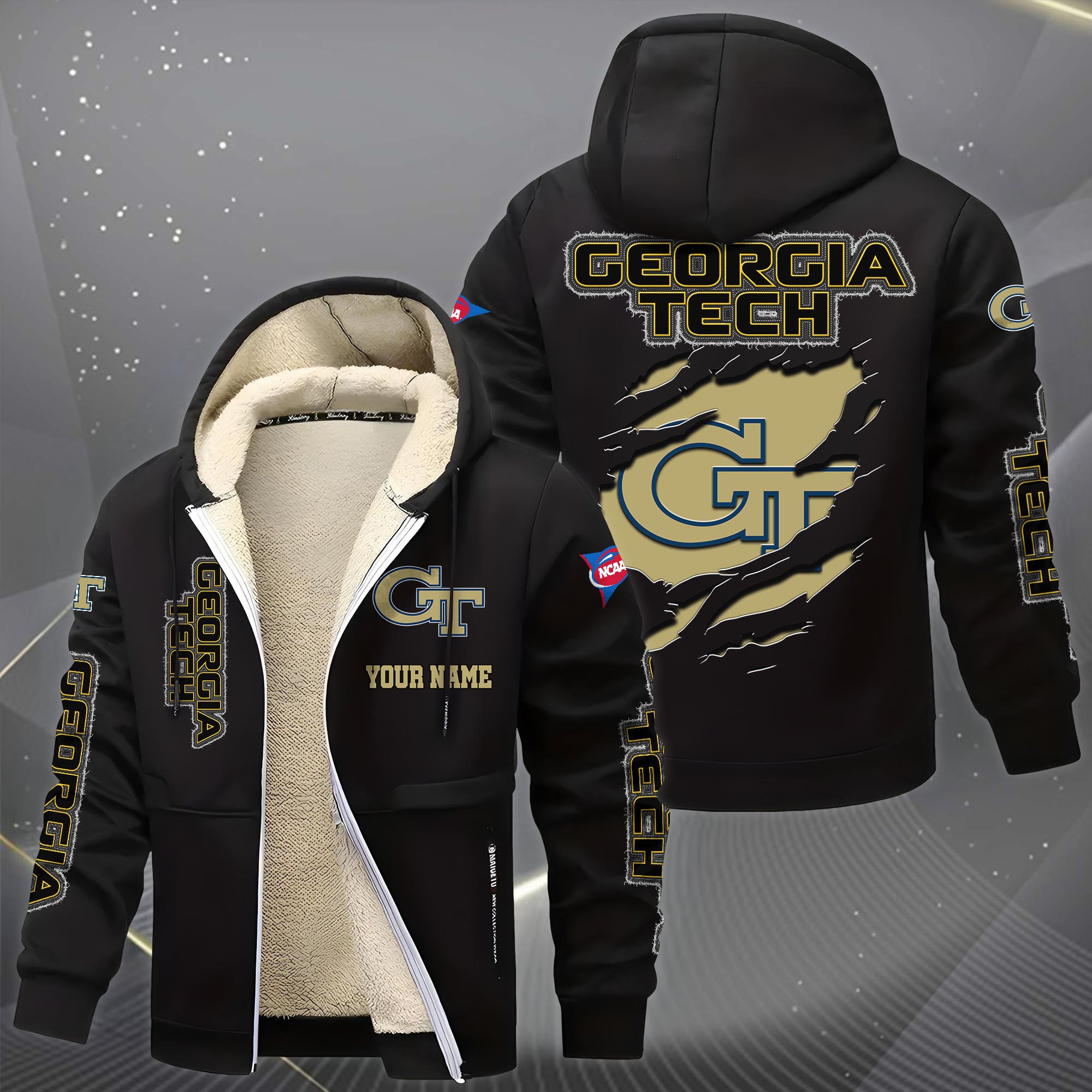 Alternative view of Georgia Tech Yellow Jackets Hoodie Zip Velvet Coat Custom Your Name, Sport Jacket, Gifts For Fan EHIVM-0102255