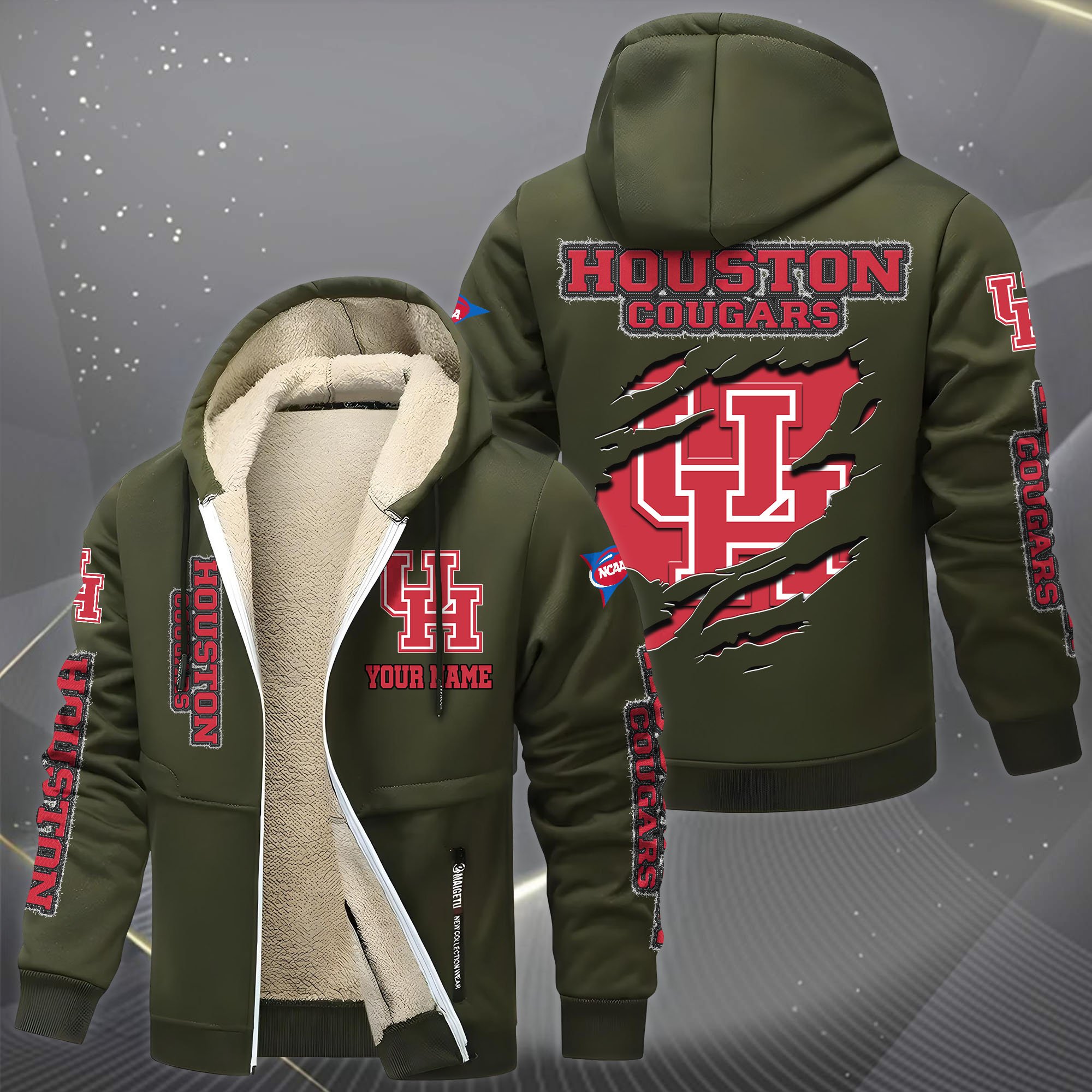 Houston Cougars Hoodie Zip Velvet Coat Custom Your Name, Sport Jacket, Gifts For Fan EHIVM-0102255