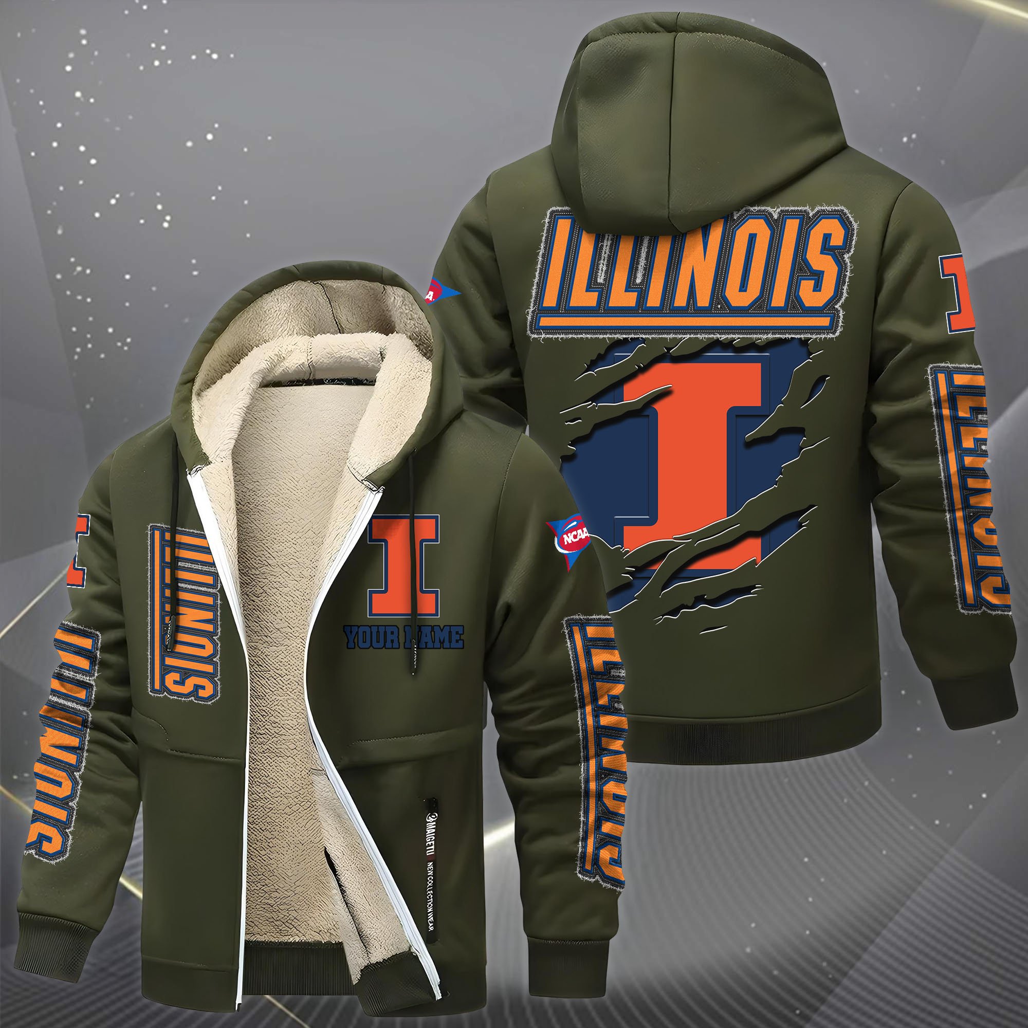 Illinois Fighting Illini Hoodie Zip Velvet Coat Custom Your Name, Sport Jacket, Gifts For Fan EHIVM-0102255
