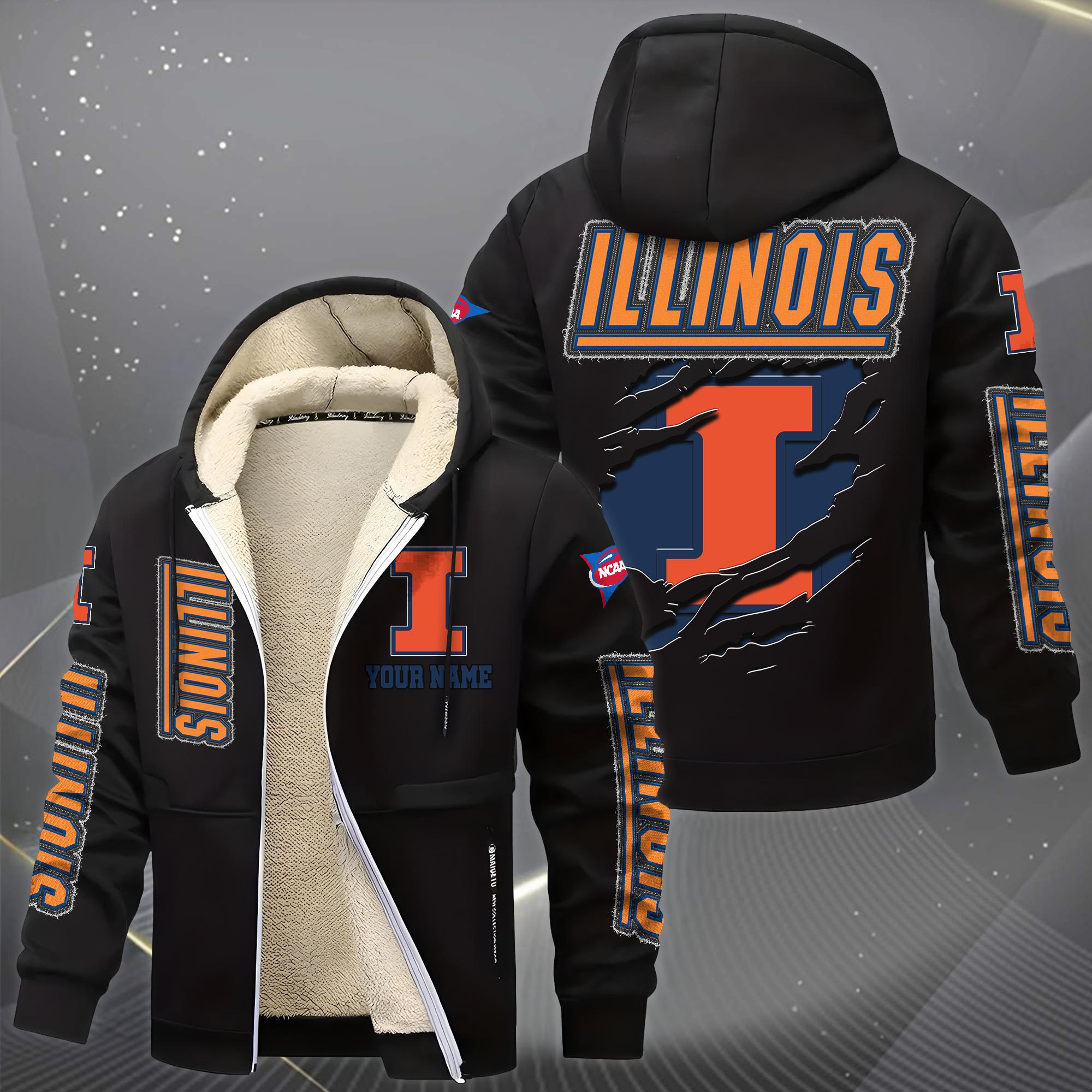 Alternative view of Illinois Fighting Illini Hoodie Zip Velvet Coat Custom Your Name, Sport Jacket, Gifts For Fan EHIVM-0102255