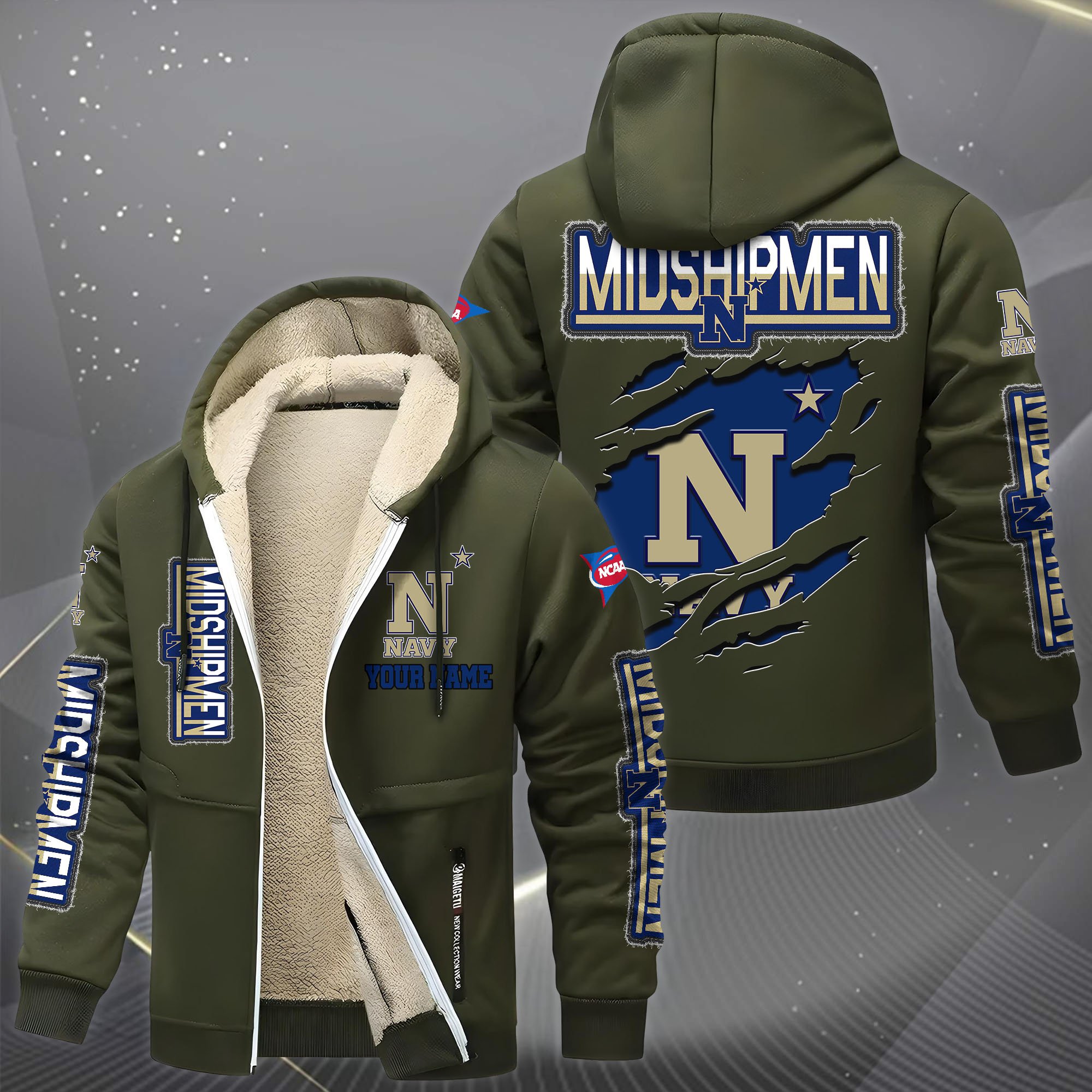 Navy Midshipmen Hoodie Zip Velvet Coat Custom Your Name, Sport Jacket, Gifts For Fan EHIVM-0102255