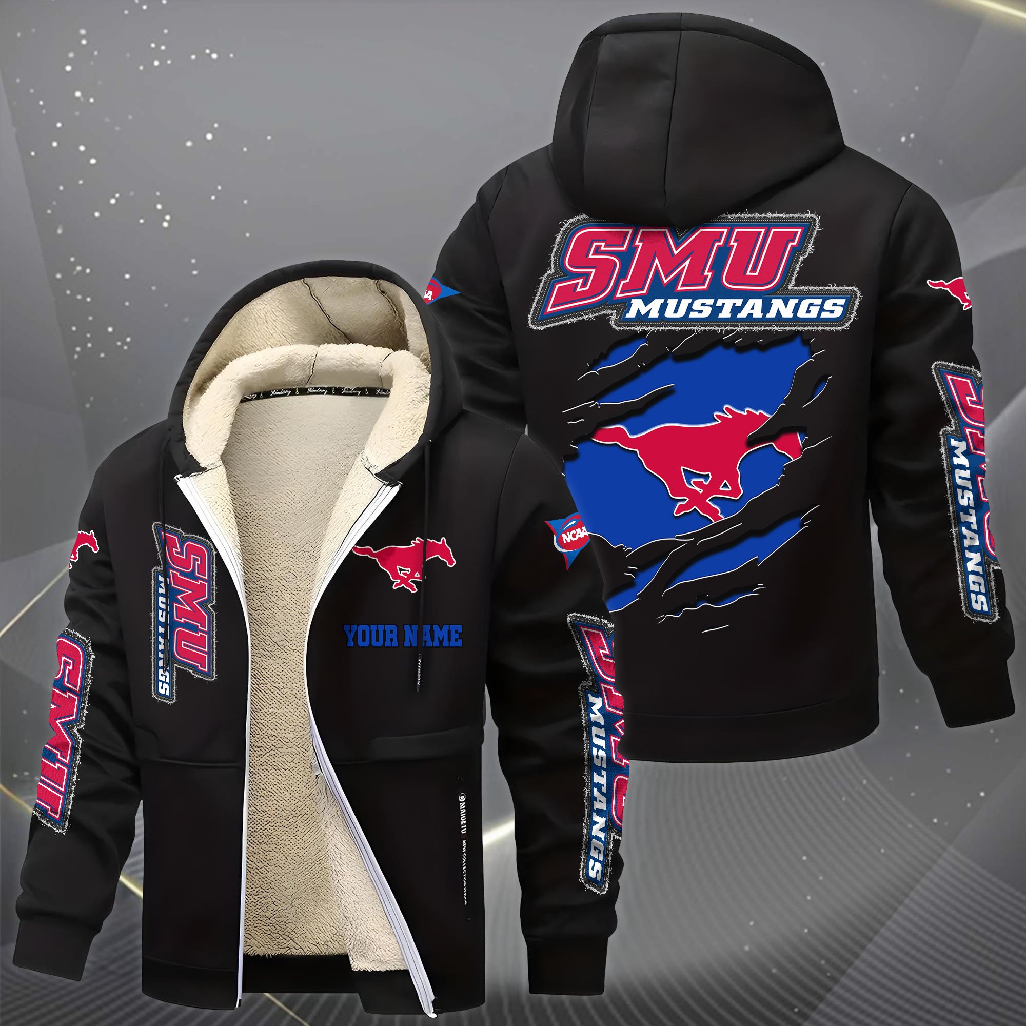 Alternative view of SMU Mustangs Hoodie Zip Velvet Coat Custom Your Name, Sport Jacket, Gifts For Fan EHIVM-0102255