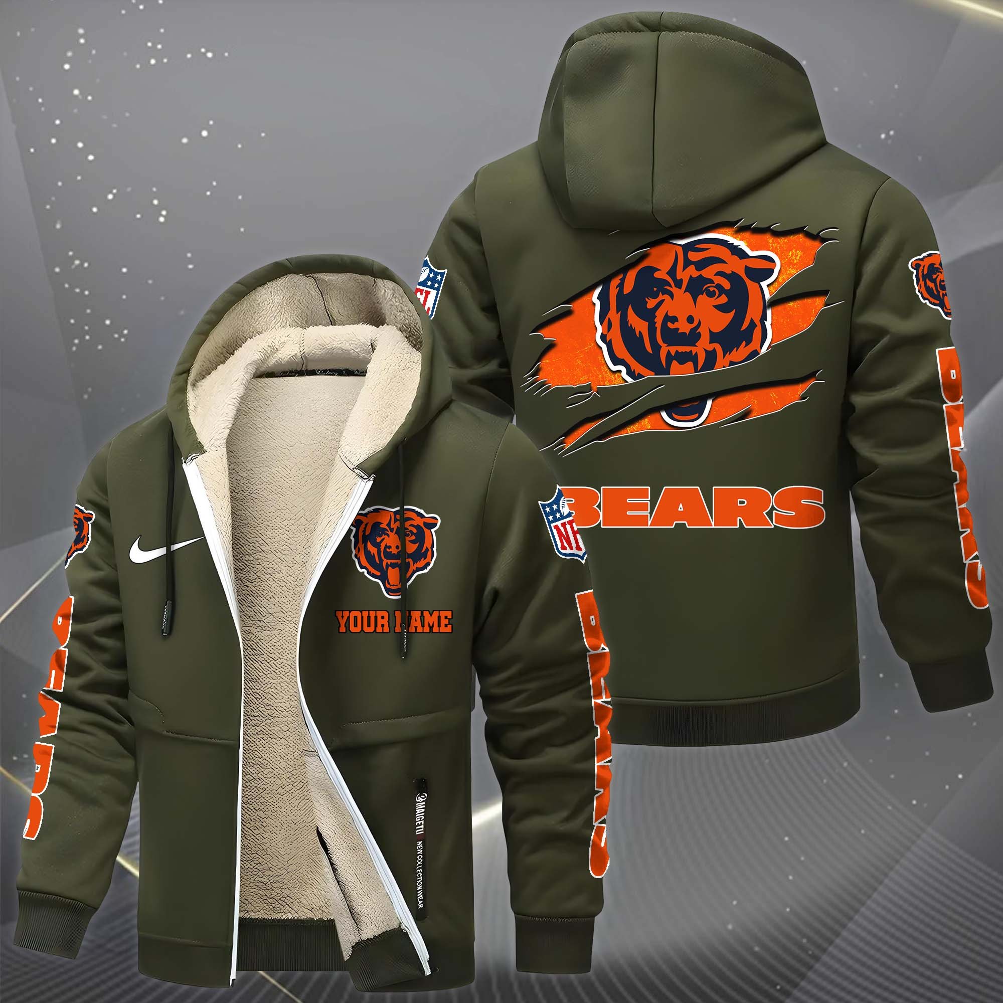 Chicago Bears Hoodie Zip Velvet Coat Custom Your Name, Sport Jacket, Gifts For Fan EHIVM-1225119