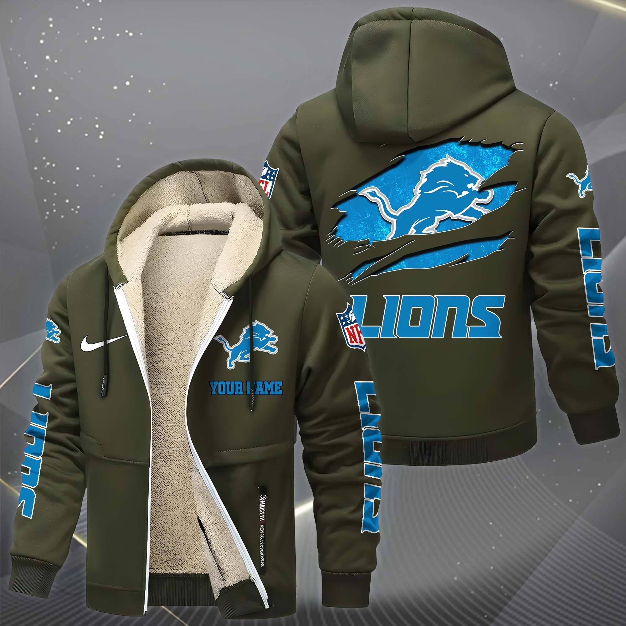 Detroit Lions Hoodie Zip Velvet Coat Custom Your Name, Sport Jacket, Gifts For Fan EHIVM-1225119