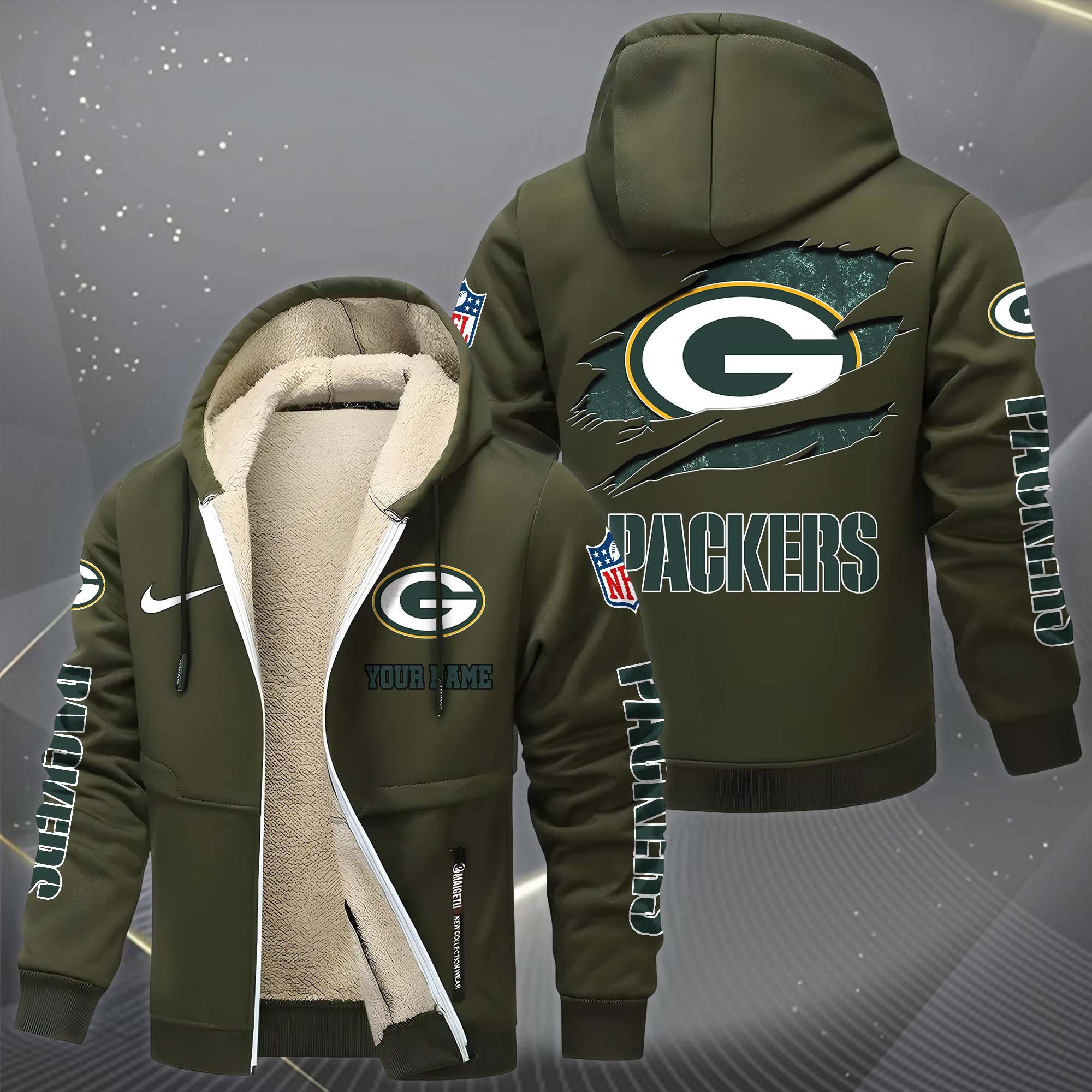 Green Bay Packers Hoodie Zip Velvet Coat Custom Your Name, Sport Jacket, Gifts For Fan EHIVM-1225119