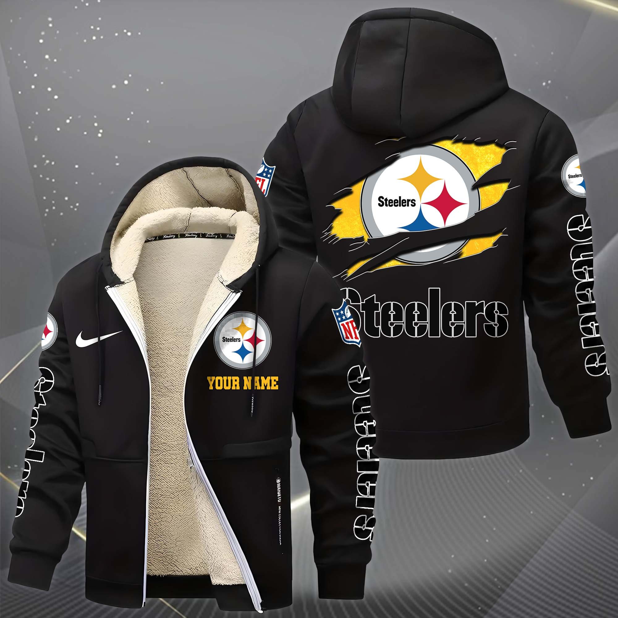 Alternative view of Pittsburgh Steelers Hoodie Zip Velvet Coat Custom Your Name, Sport Jacket, Gifts For Fan EHIVM-1225119