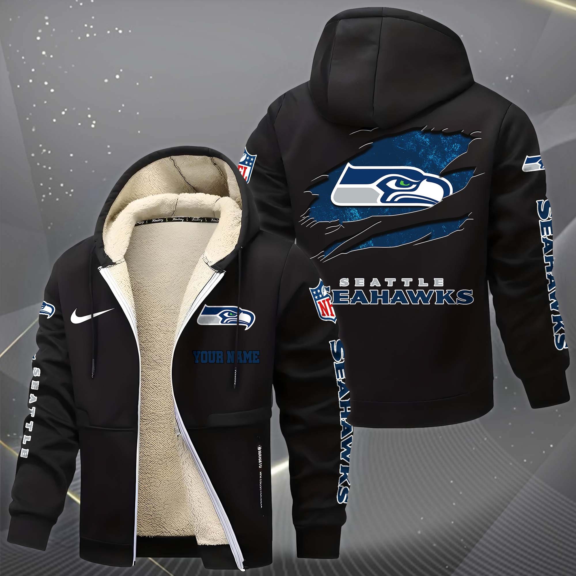Alternative view of Seattle Seahawks Hoodie Zip Velvet Coat Custom Your Name, Sport Jacket, Gifts For Fan EHIVM-1225119