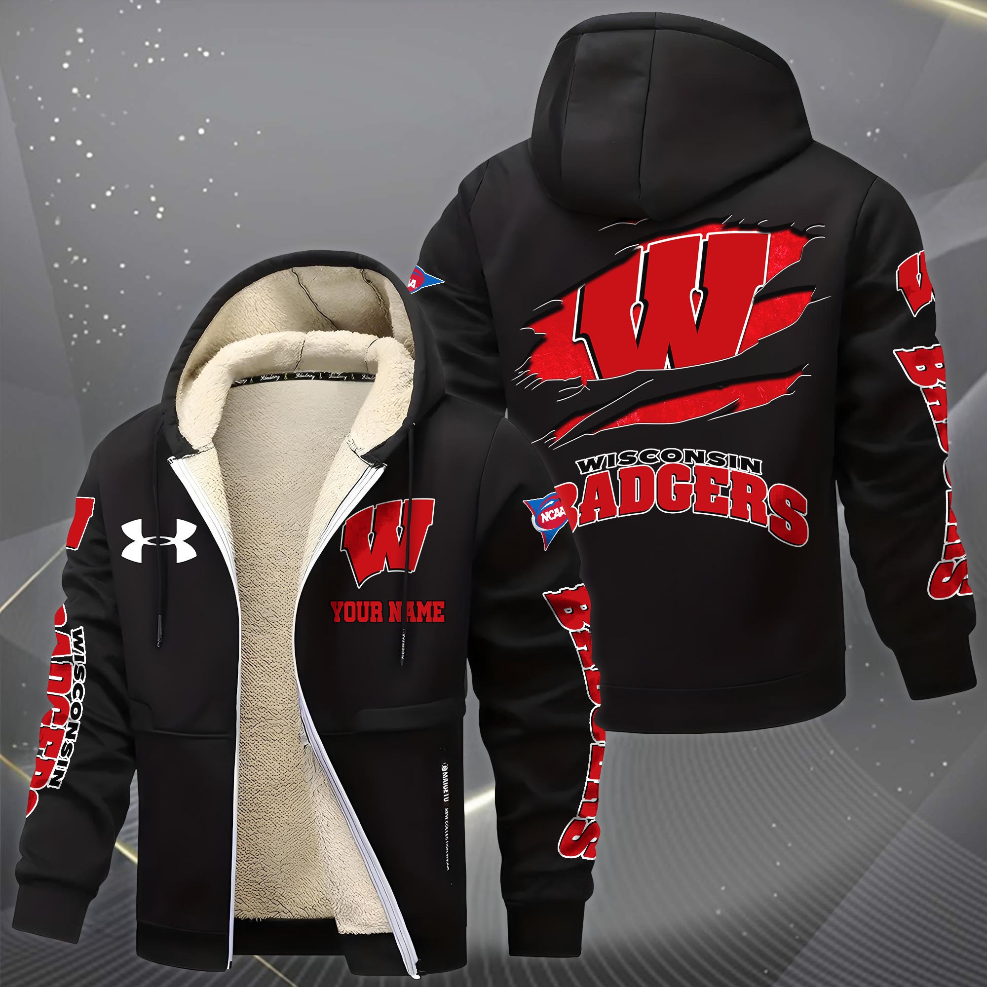 Alternative view of Wisconsin Badgers Hoodie Zip Velvet Coat Custom Your Name, Sport Jacket, Gifts For Fan EHIVM-1231234